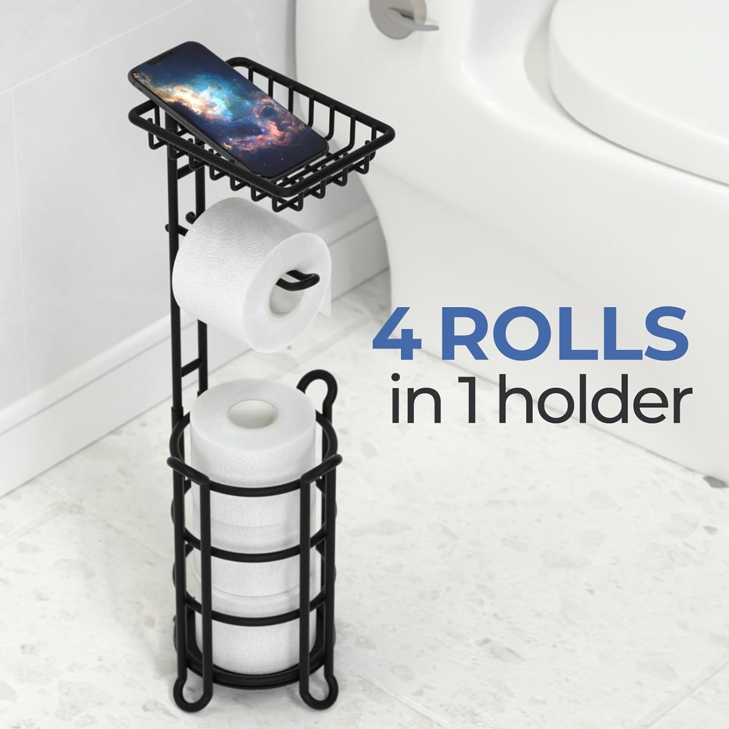 TreeLen Toilet Paper Holder Stand Tissue Paper Roll Dispenser with Shelf for Bathroom Storage Holds Reserve Mega