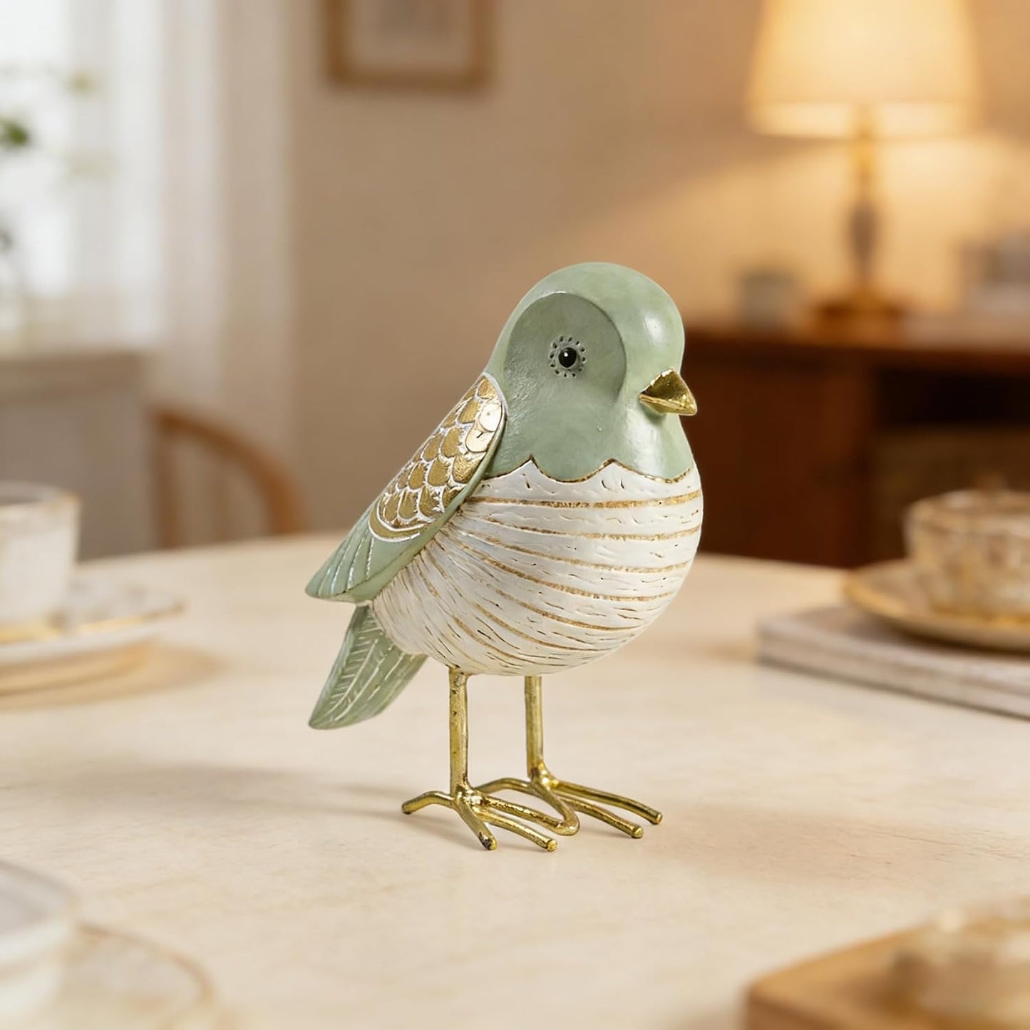 Elegant & Gold Bird Resin Statue / Green