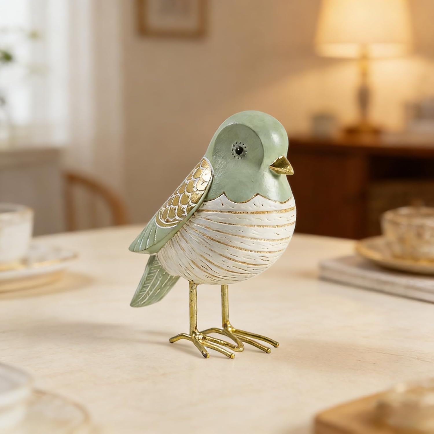 Elegant & Gold Bird Resin Statue / Green