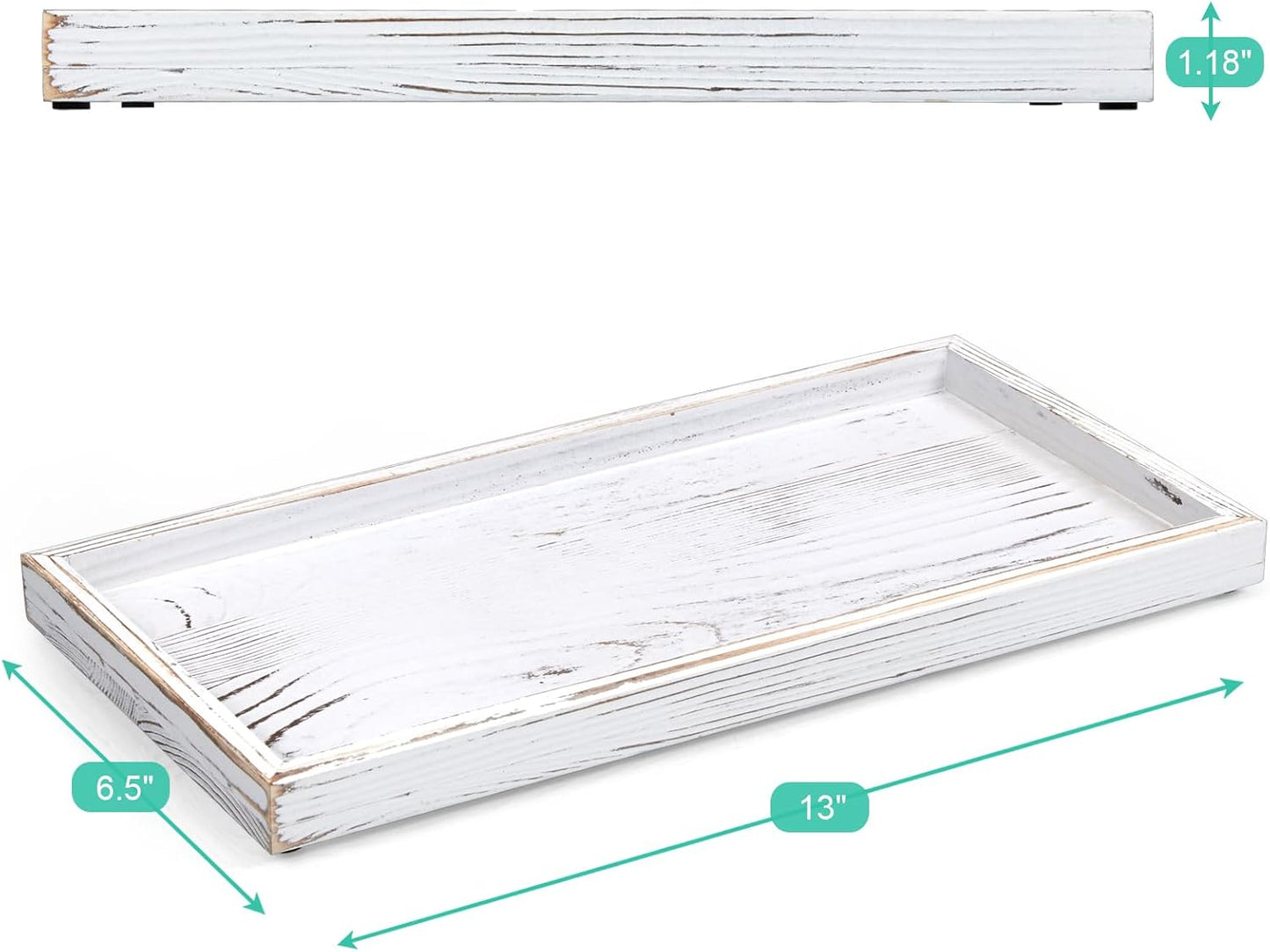 Wood Decorative Tray for Toilet Tank Makeup Perfume Jewelry / 6.5 x 1.2 x 13 / Whitewashed / White
