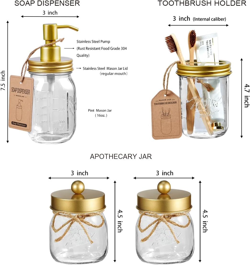 SheeChung Mason Jar Bathroom Accessories Set, 6Pcs Rustic Bathroom Set,Gold | Glass Bathroom Accessory Set, Soap