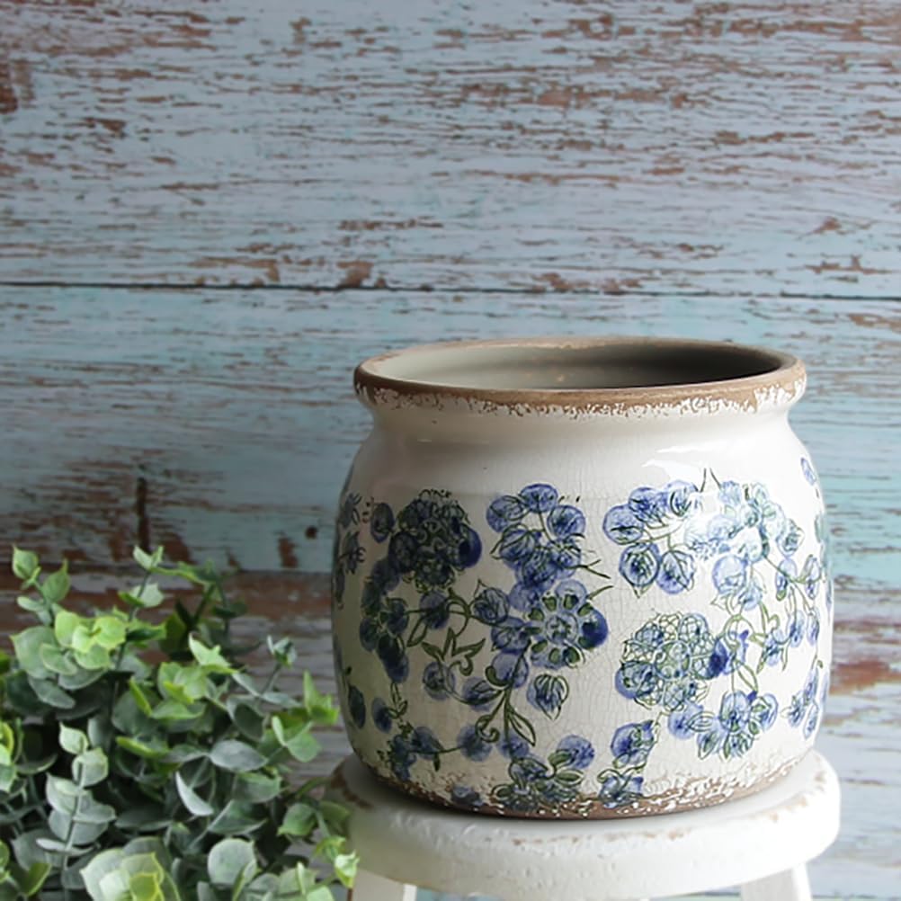 Ceramic Planters Spring Decor / Deep Blue Floral / 6.29 Inch