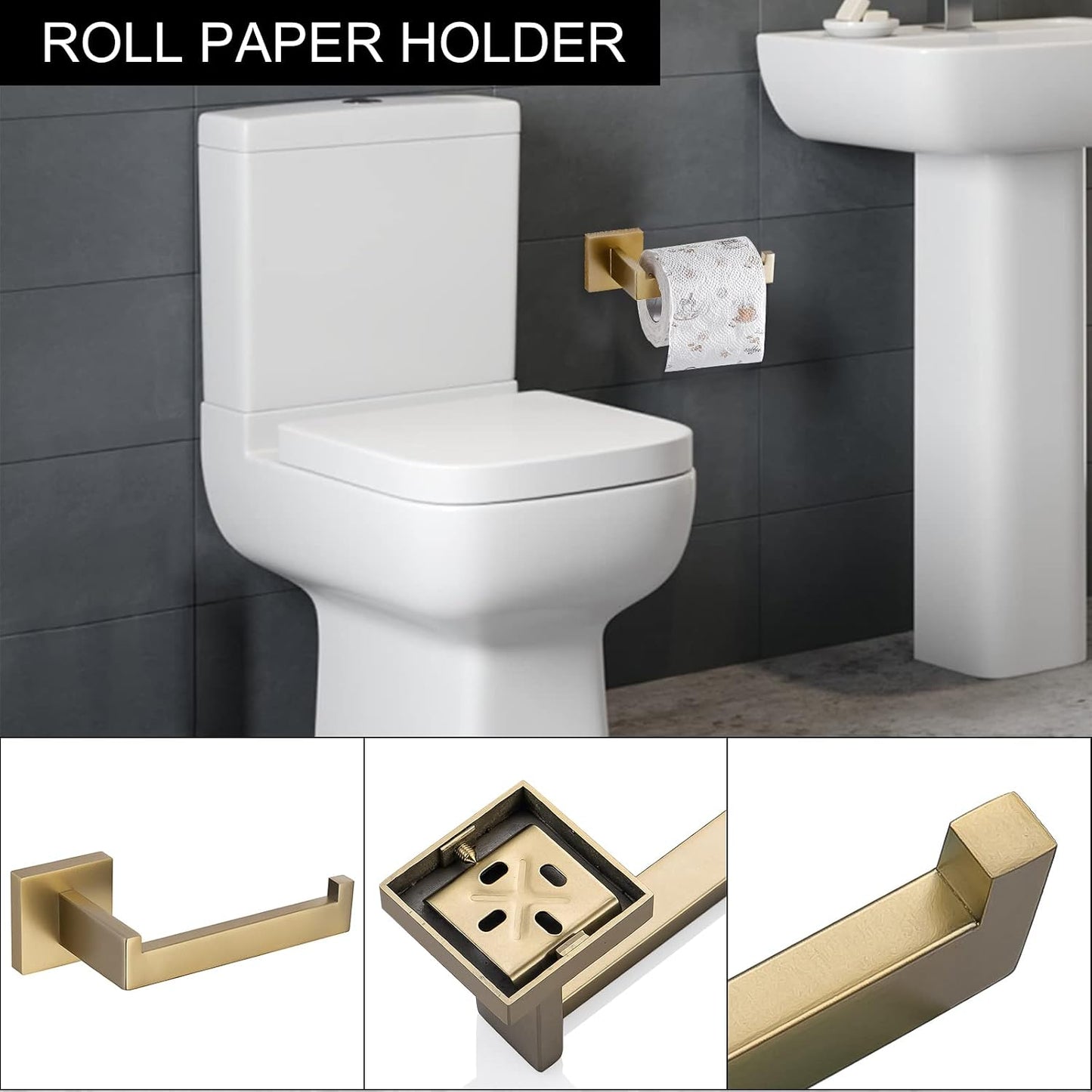 Brushed Gold Towel Bar Set Bathroom Hardware Set, 5 Pieces Gold Bathroom Accessories Set Stainless Steel Wall Mounted