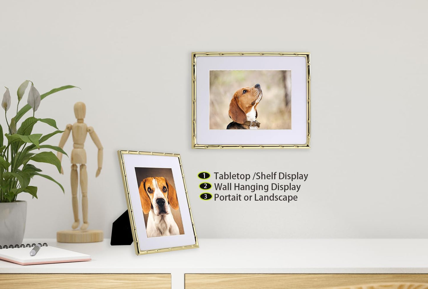 YiPinYin 8x10'' Bamboo Detail Gold Metal Picture Frame with Acid Free Mat for 5x7'' Set of 2,Elegant Narrow Plated