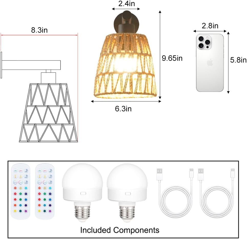 Boho Battery Operated Wall Sconces, Rattan Wall Sconce Set of 2 with Remote, RGB 15 Colors Dimmable Rechargeable Wall
