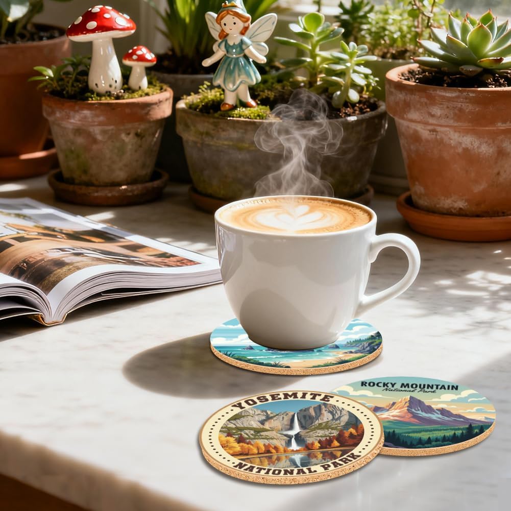 Coasters Pattern Colorful Wooden Coasters Bulk Round Housewarming Gift / National Park / Set of 9
