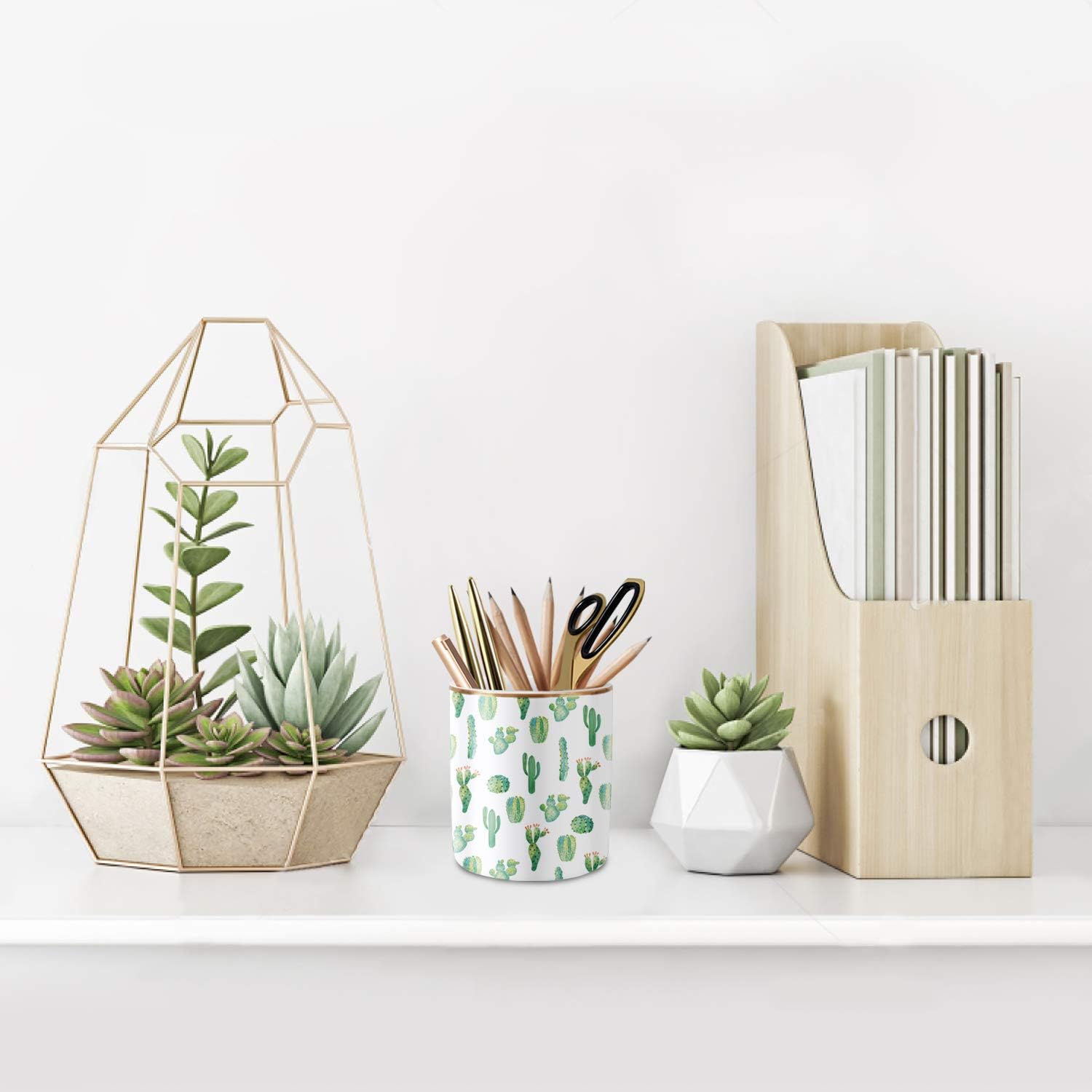 Multi-Purpose Holder for Desk Pencil Cup for Girls Boys Kids Durable Ceramic Desk Organizer / Cactus