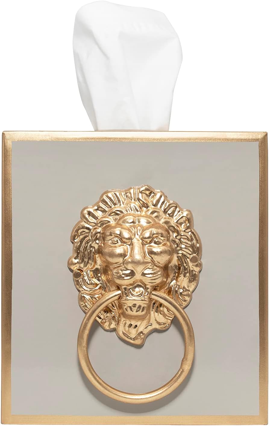 Cube Tissue Box Holder / Taupe Lion / Paws & Claws / Gold