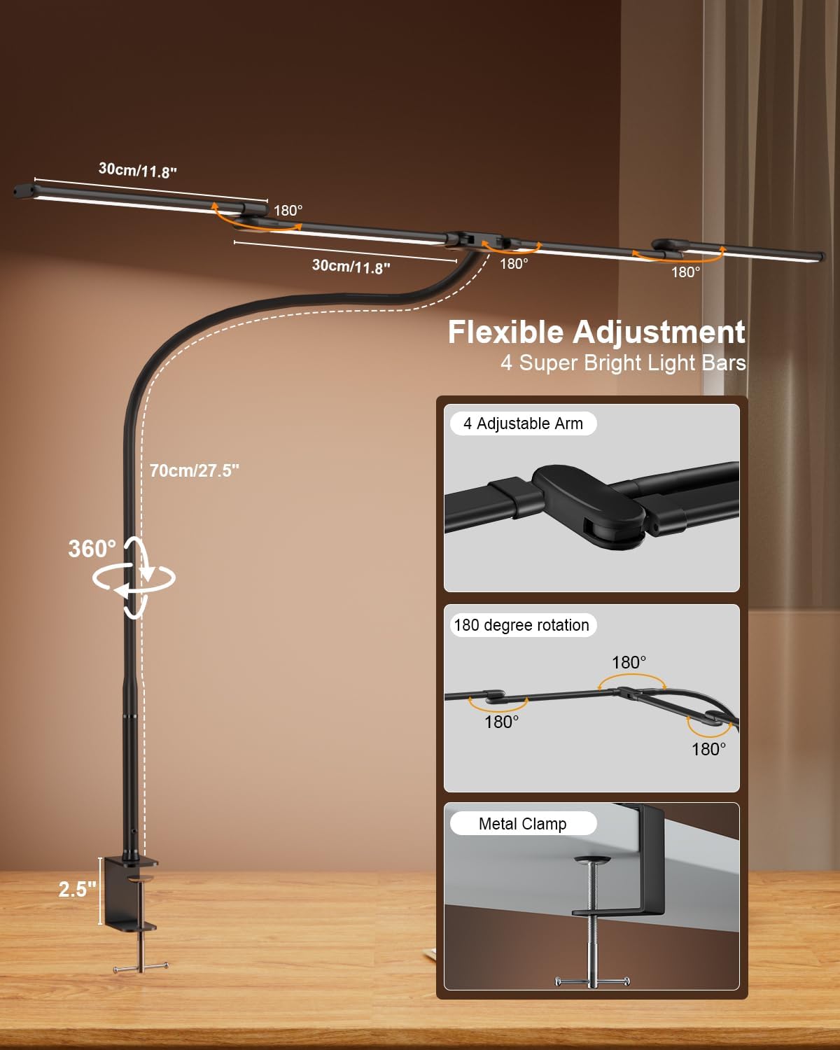 Desk Lamp Clamp Light 24W, Ultra Wide 4 Head Bars, 5 Color Modes Dimming, Multi-Screen Setup for Office, Architect