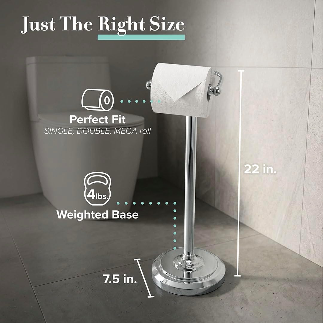 Gatco 1436C Toilet Paper Holder Stand, Chrome Finish, Freestanding Bathroom Floor Stand, Pedestal, Weighted Base, 22