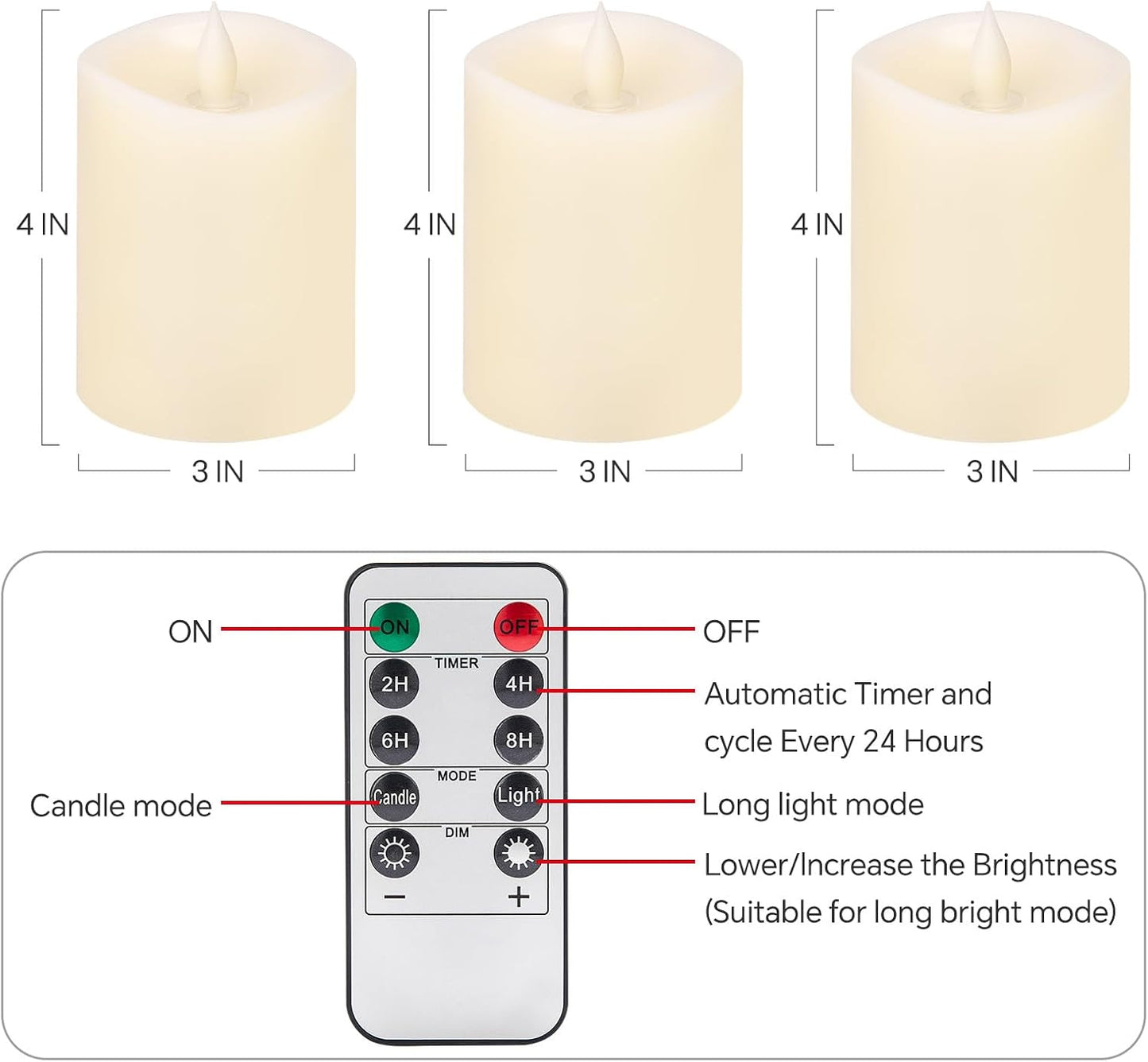 3x4 Flickering Flameless Candles Set of 3,Real Wax Pillar LED Candles,with Timer,4 inch Flameless Candles with