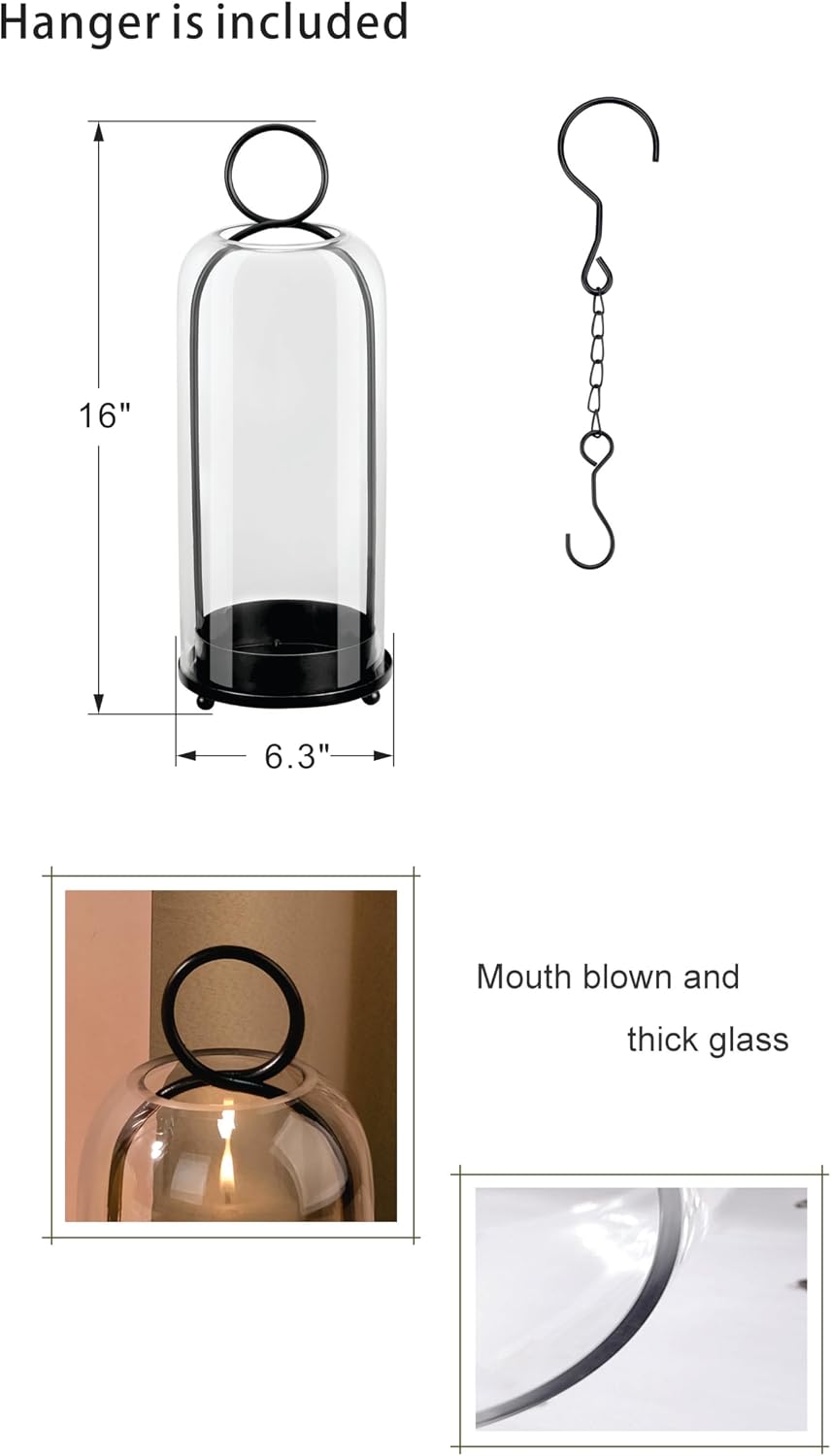 16" High Versatile Modern Metal Hurricane Lantern with Handmade Sturdy Glass Dome in Black for Pillar Candle & Plants