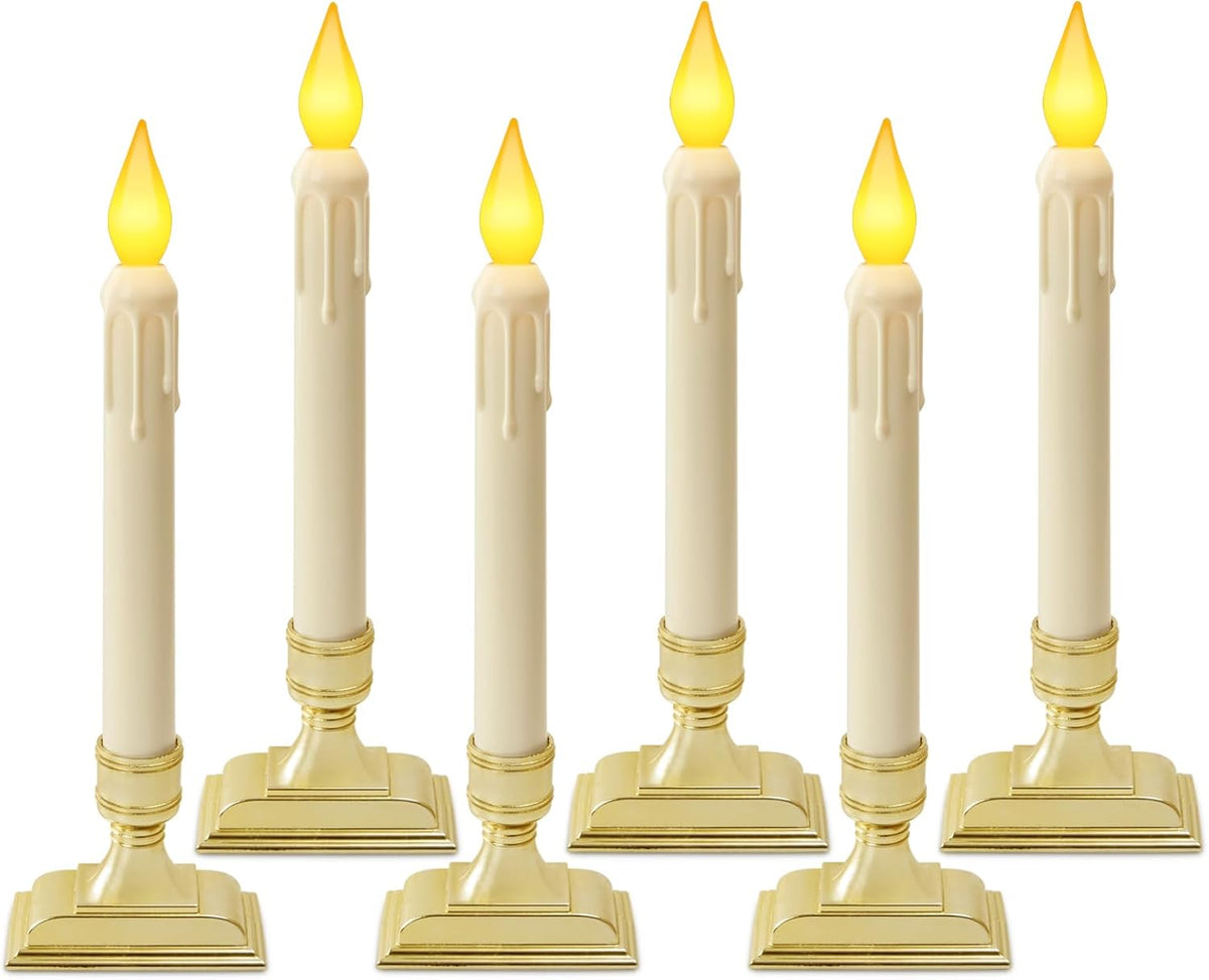 6 Pcs Sensor Dawn to Dusk Window Candles, Flickering Battery Candles for Windows, Ultra Bright Fake Candle Lights with Gold Holders, Led Candlesticks for Xmas Home Decor, Warm Yellow Light