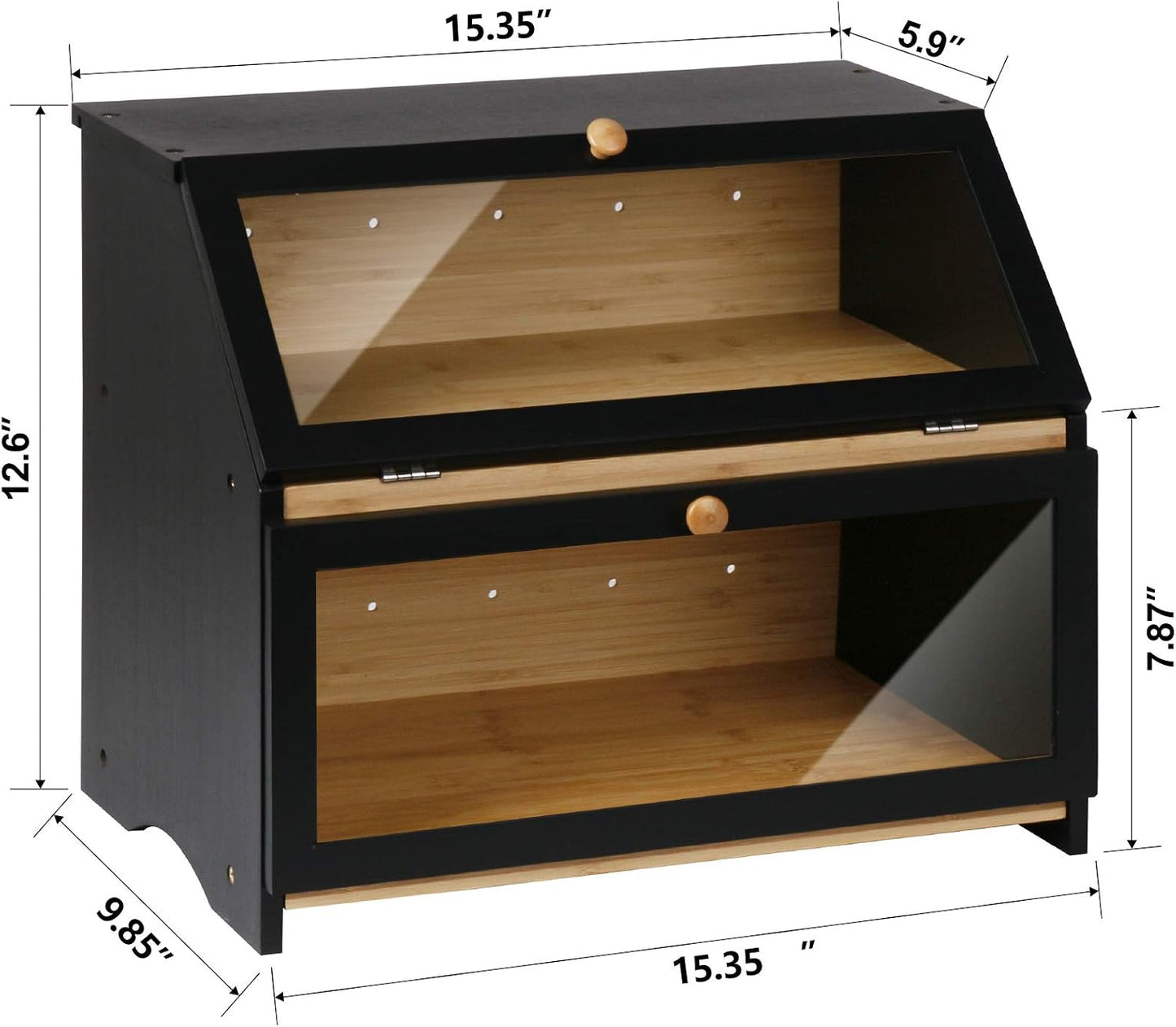 HOMEKOKO Double Layer Wooden Bread Box, Keep Bread Fresh Longer, Black | Keeps Bread Fresh 3-4 Days, Large Capacity