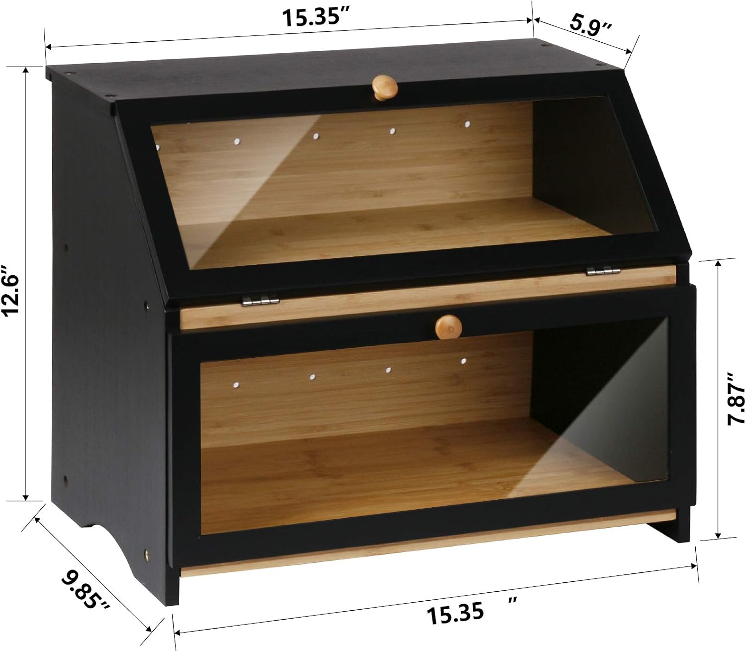 HOMEKOKO Double Layer Wooden Bread Box, Keep Bread Fresh Longer, Black | Keeps Bread Fresh 3-4 Days, Large Capacity