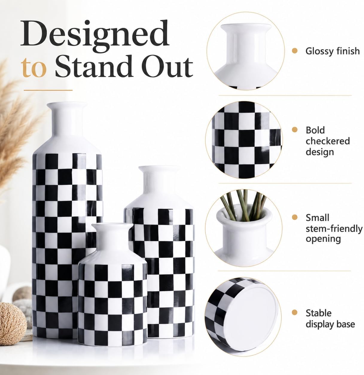 White Ceramic Vase Set 3 / Black