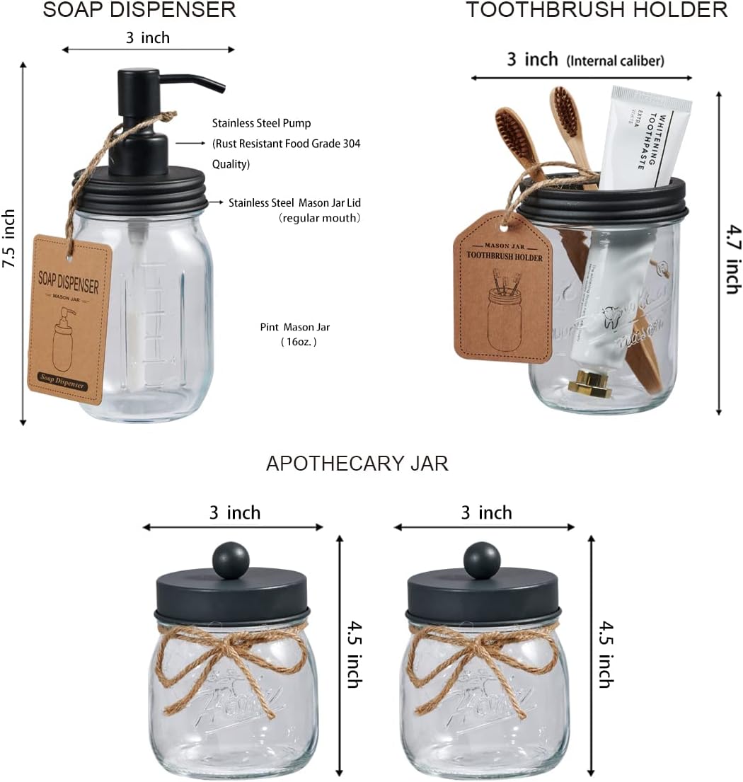 SheeChung Mason Jar Bathroom Accessories Set, 6Pcs Rustic Bathroom Set,Grey | Glass Bathroom Accessory Set, Soap