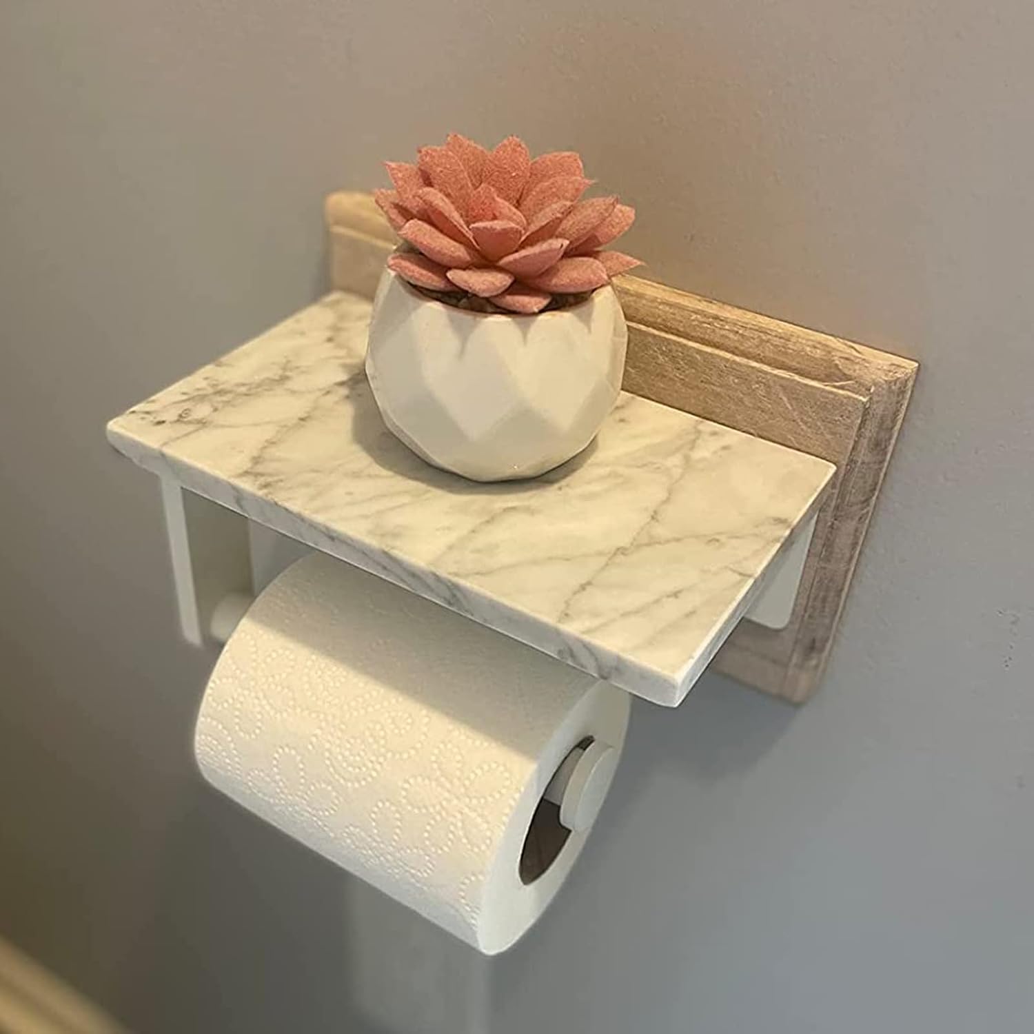 Gypie Toilet Paper Holder with Marble Shelf, Wall Mounted White | Stainless Steel, Tissue Roll Paper Holder Dispenser
