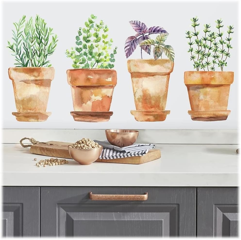 Watercolor Peel and Stick Wall Decals / Potted Herbs