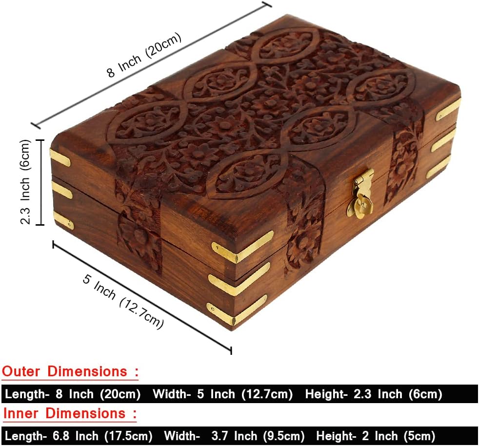 Handcarved Treasure Chest Wooden Decorative Jewelry Storage Box Eye Floral Design / 8 x 5