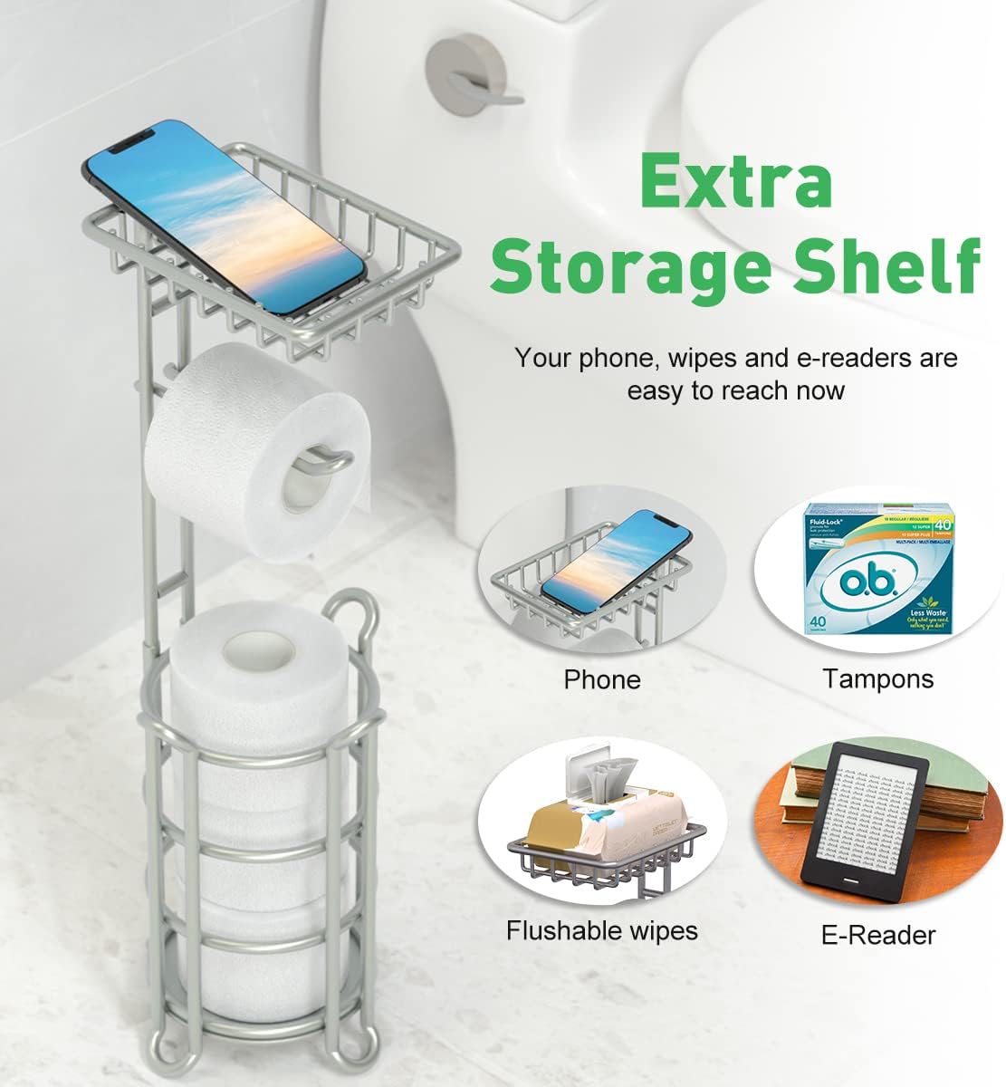 Toilet Paper Holder Stand Bathroom Tissue Dispenser Holders Rack Free Standing with Extra Shelf Storage Mega