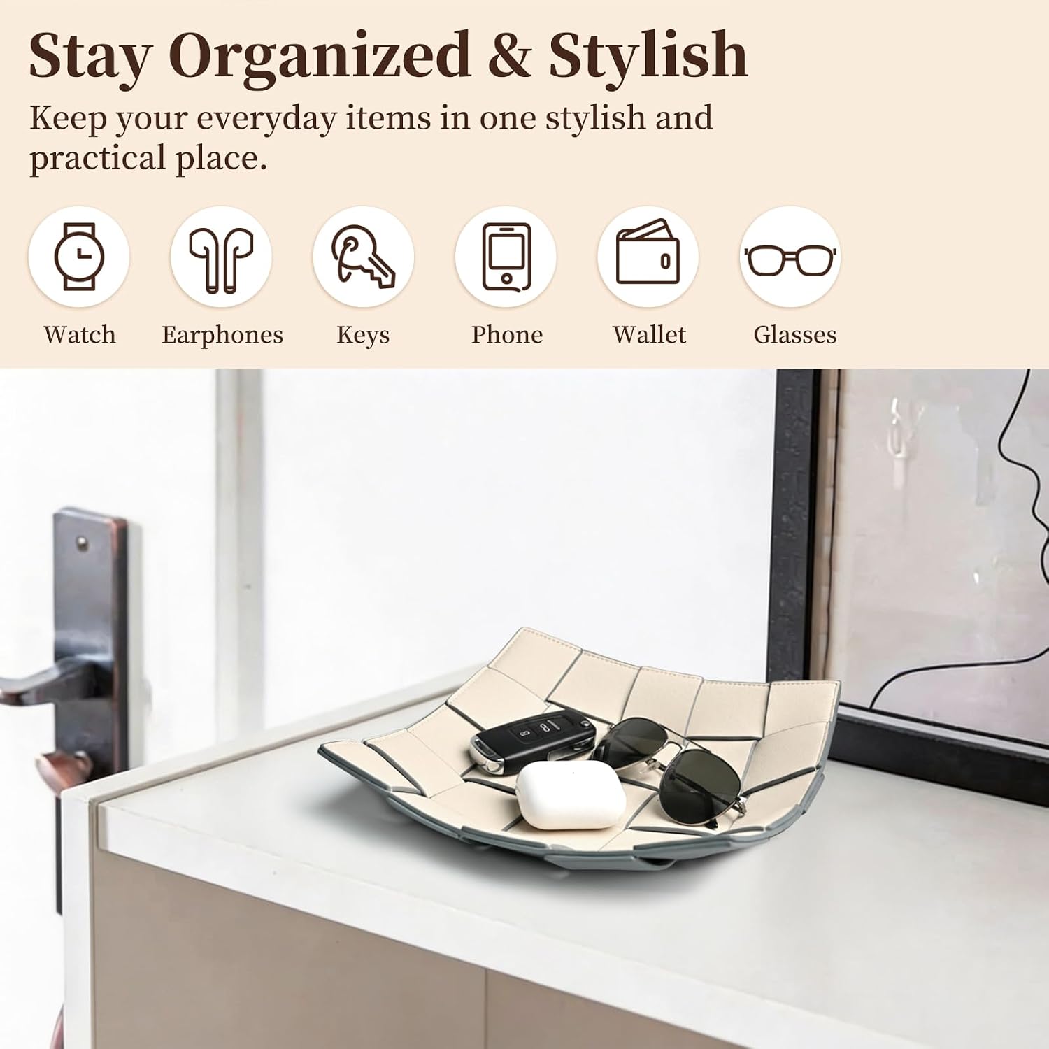 Valet Tray PU Leather Key Holder Bowl for Women and Men Entryway Table Nightstand / Beige + Gray