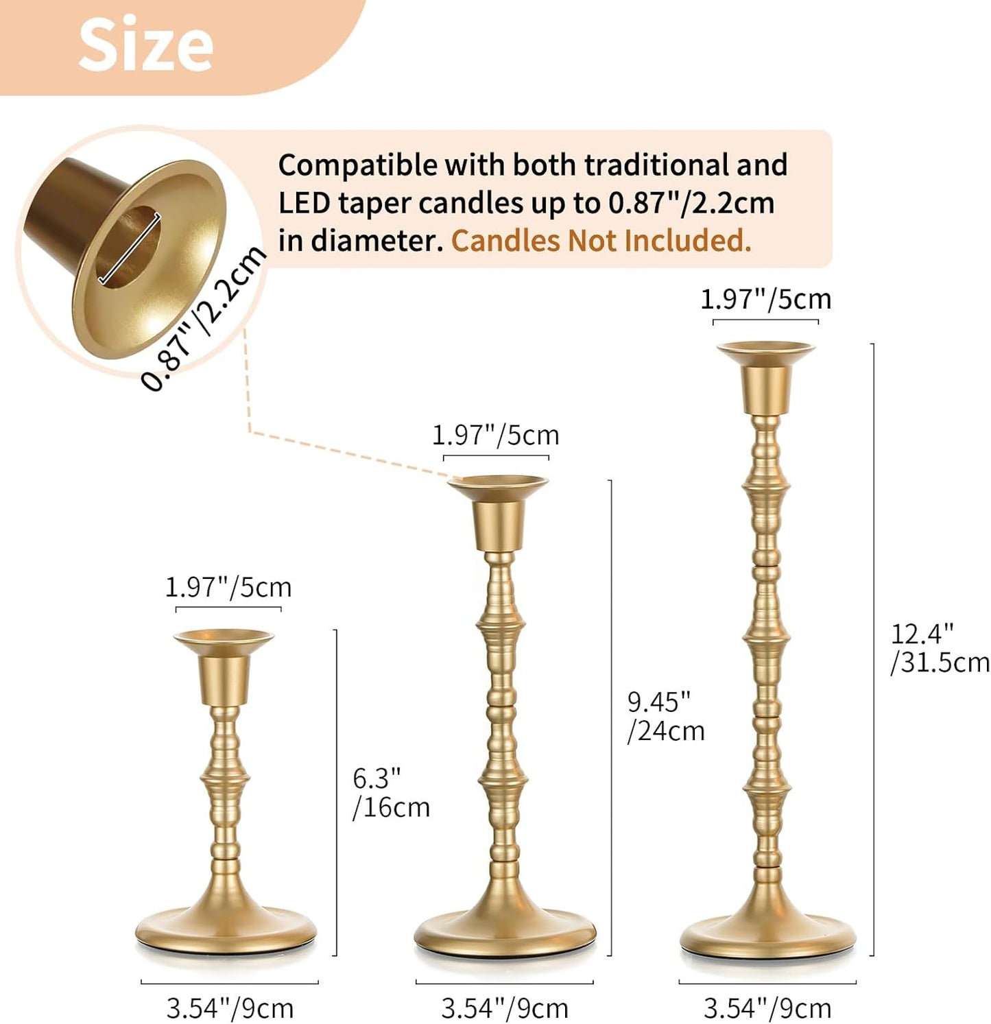 NUPTIO Gold Candlestick Holders for Centerpiece: Unique Taper Candleholders | Set of 3 Tall Assorted Candle Stick