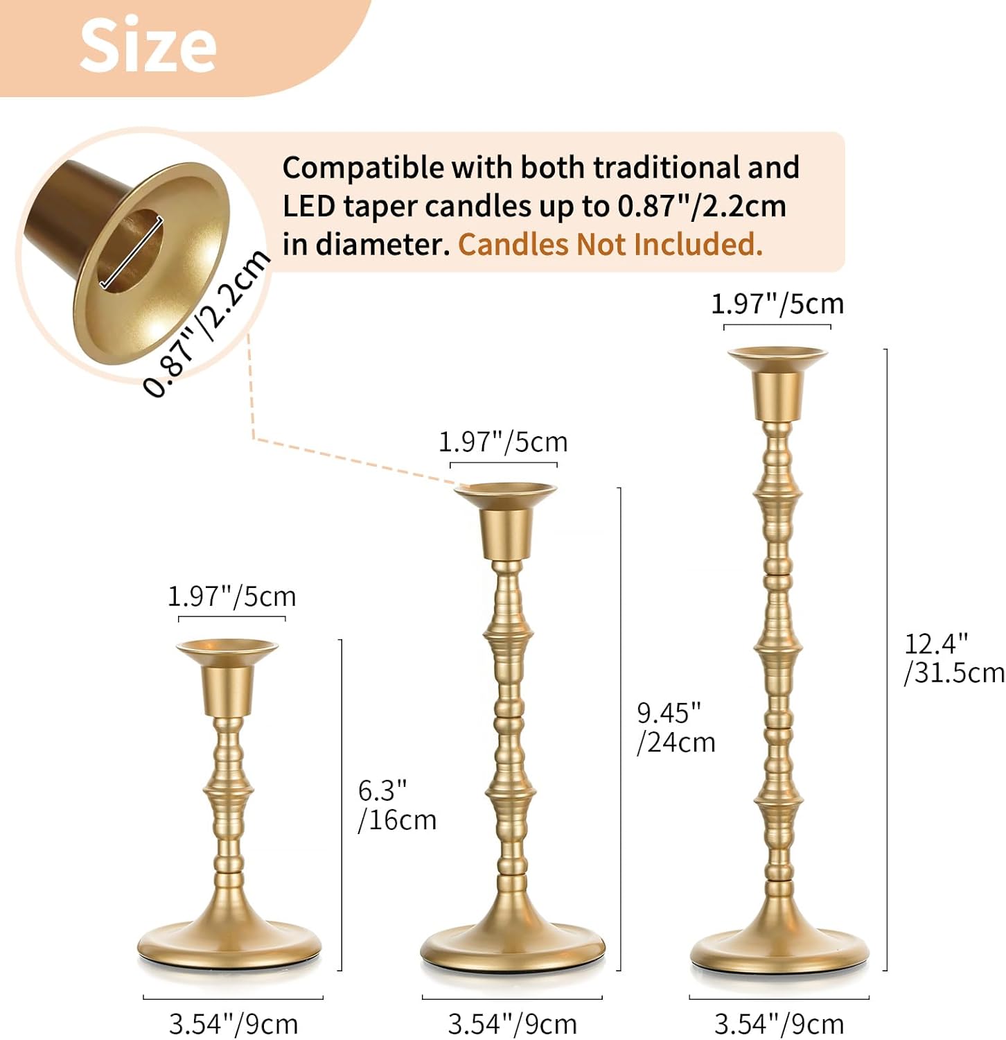 NUPTIO Gold Candlestick Holders for Centerpiece: Unique Taper Candleholders | Set of 3 Tall Assorted Candle Stick