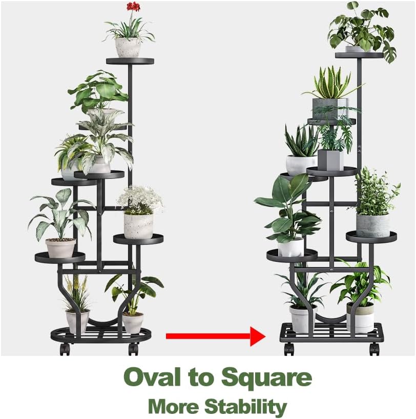 Plant Stand with Wheels, Black 6 Tier Metal Plant Shelf for Indoor Outdoor | Corner Plants Stand Indoor for Bedroom
