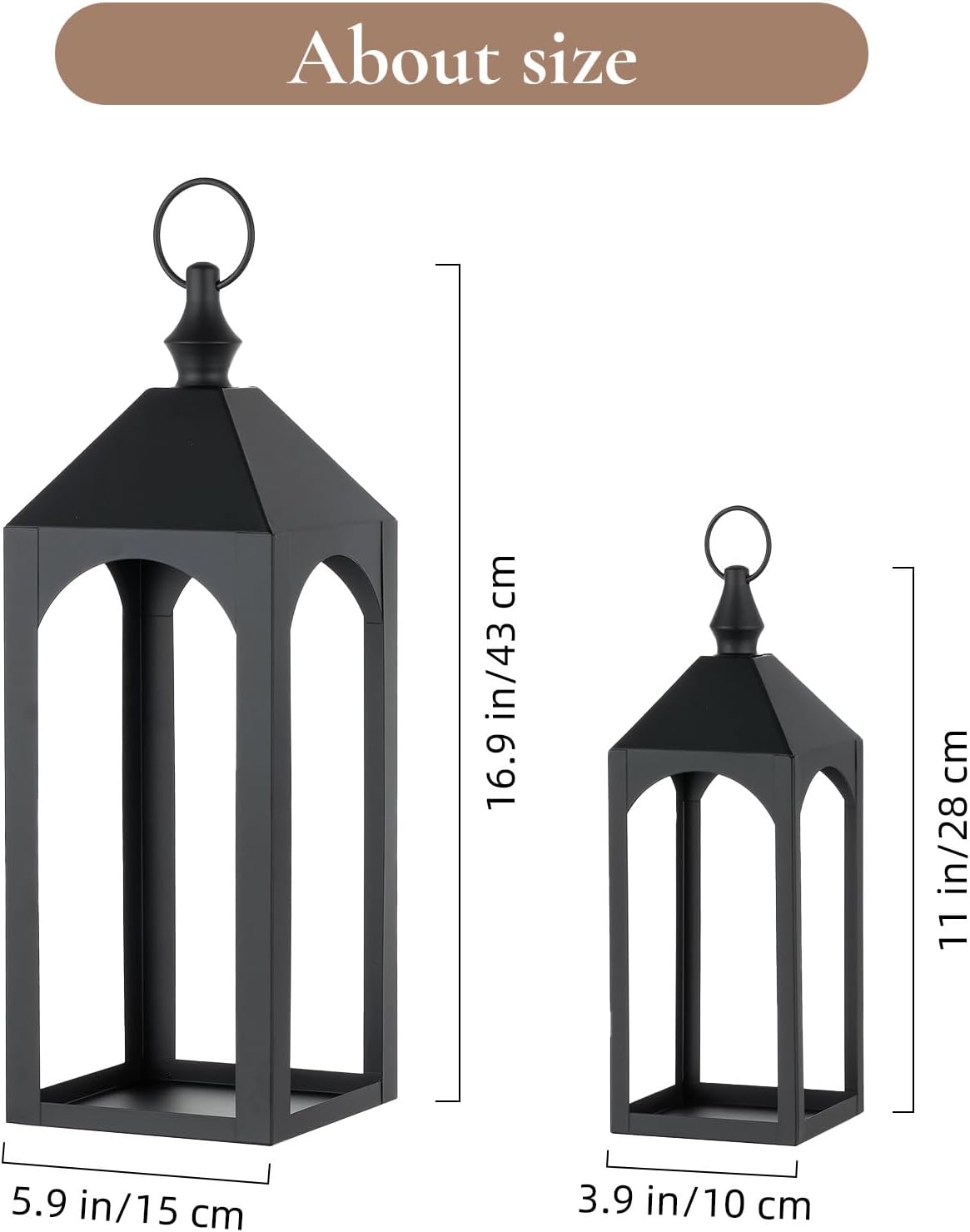 17" & 11" Black Metal Outdoor Floor Lantern, Front Porch Decor | Set of 2 Lanterns Decorative Indoor with Rust-proof