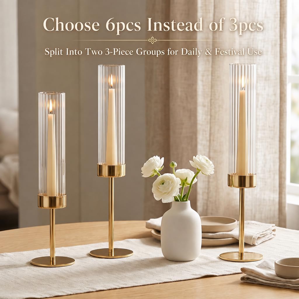 Gold Hurricane Taper Candle Holders,2 Sets(6 Pcs) Brass Tall Candlestick Holders with Ribbed Glass Cylinder, Table