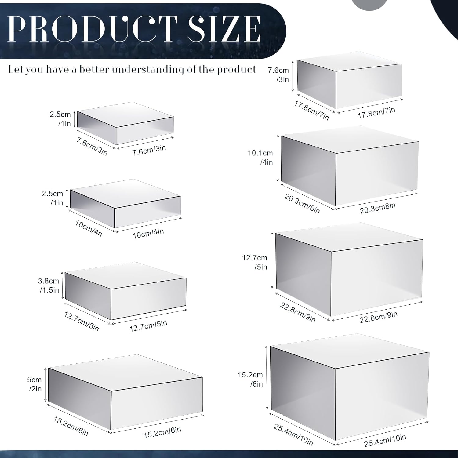 8 Pack Acrylic Buffet Display Risers for Food Jewelry,Silver,Flat | 3-10 Inch Cube Boxes with Hollow Bottoms, Clear