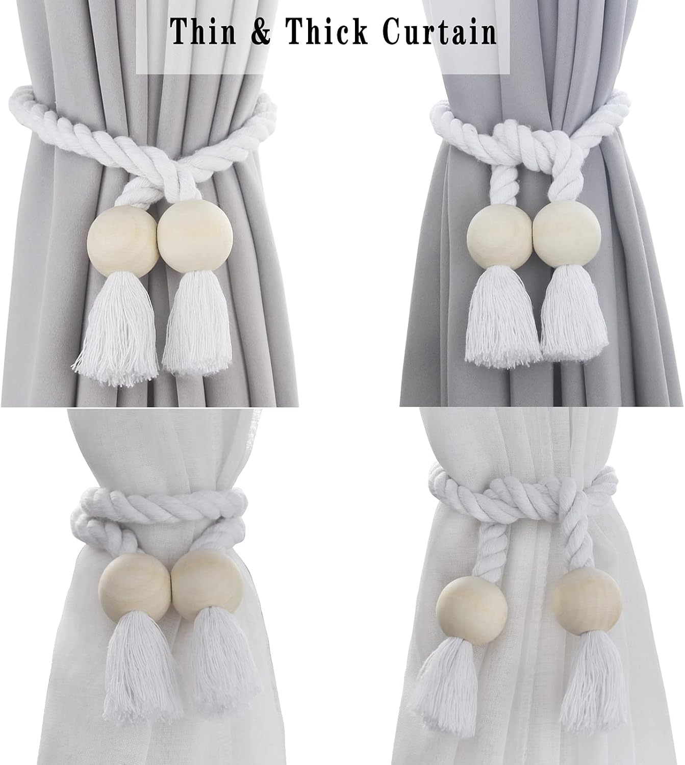 Magnetic Curtain Tiebacks Holdback Cotton Rope Tie Backs for Drapes Porlau | 6 Pack White Cotton Hand Woven Tieback