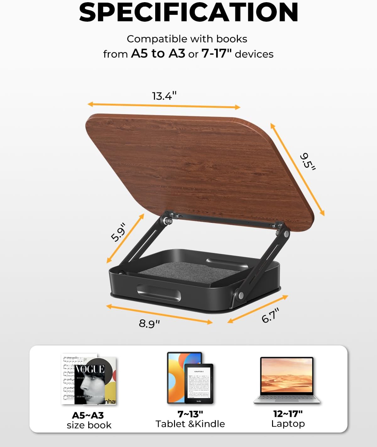 Adjustable Book Stand with Storage Drawer, 360° Rotating Book Holder, Height & Angle Adjustable, Extra-Wide Page Clips