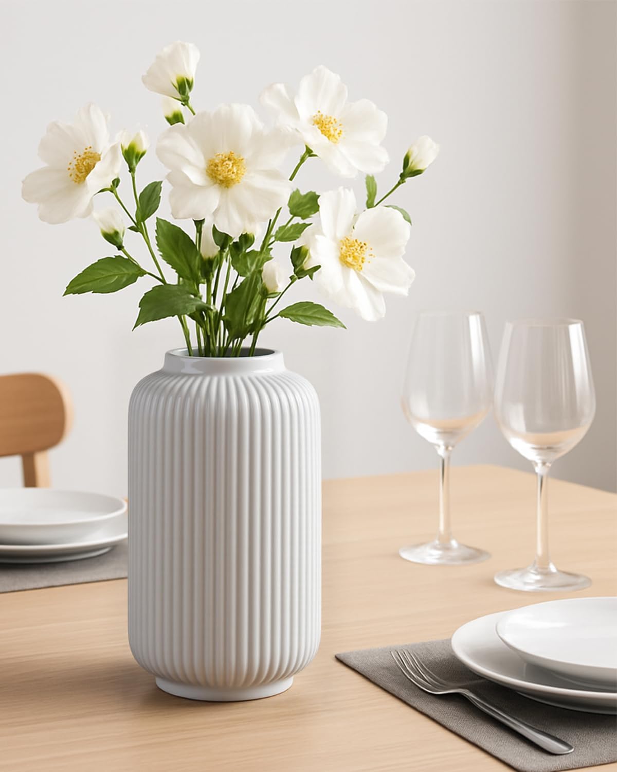 Ceramic Vase / Modern Wide Mouth Decorative Vase / White02 / White / 8 Inch