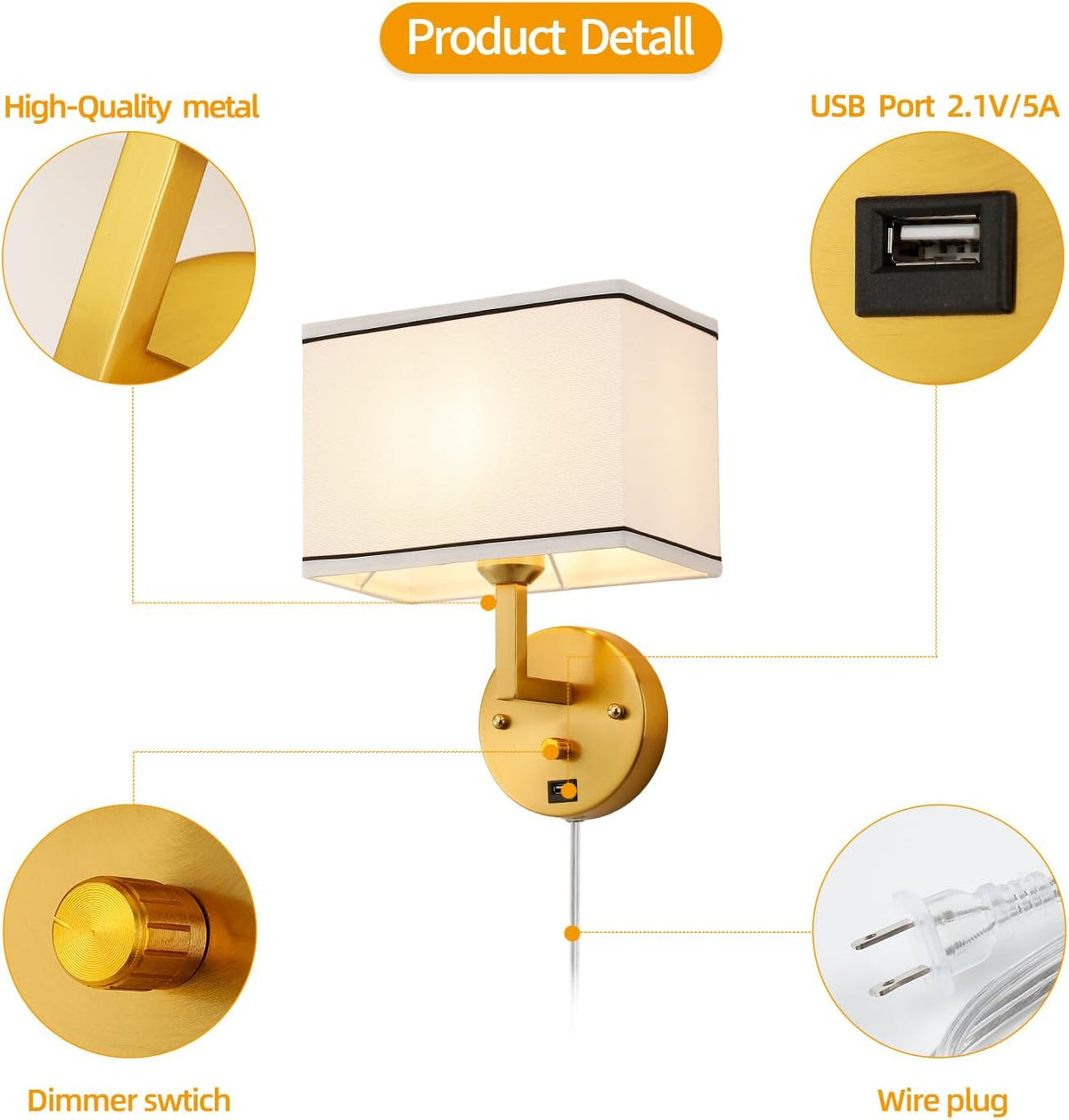 9.5" Wall Sconce with Plug-in Cord, USB Charging Port & Dimmer Switch, White Fabric Rectangular Shade Wall Mounted Lamp