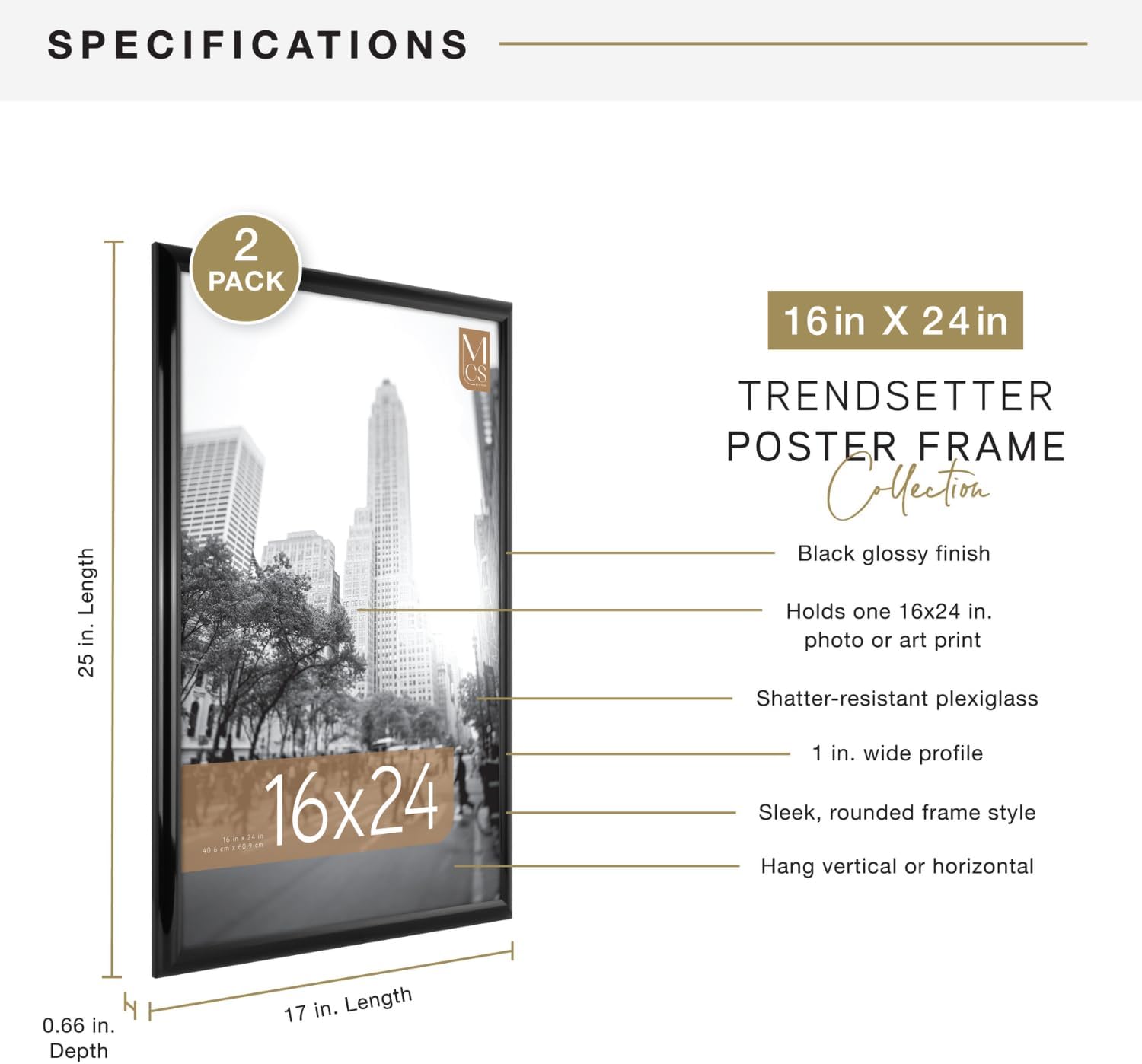 MCS Trendsetter Poster Frame, 16x24, Black High-Gloss, 2-Pack | Trendsetter Poster Frame For Photos & Art Prints, Hangs