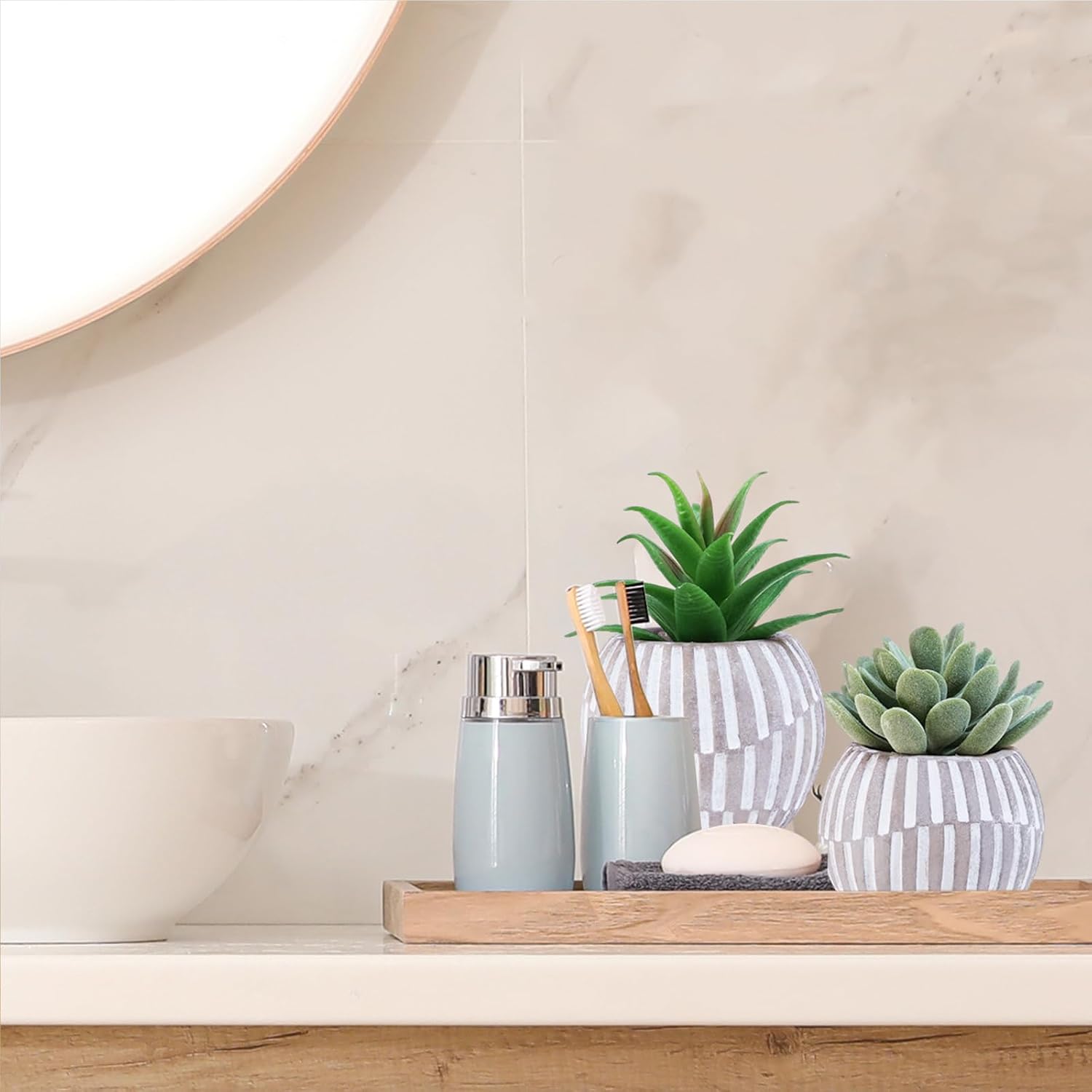 Artificial Succulent Plants in Geometric Concrete Pots Fake Aloe Echeveria String / Gray / Set of 3