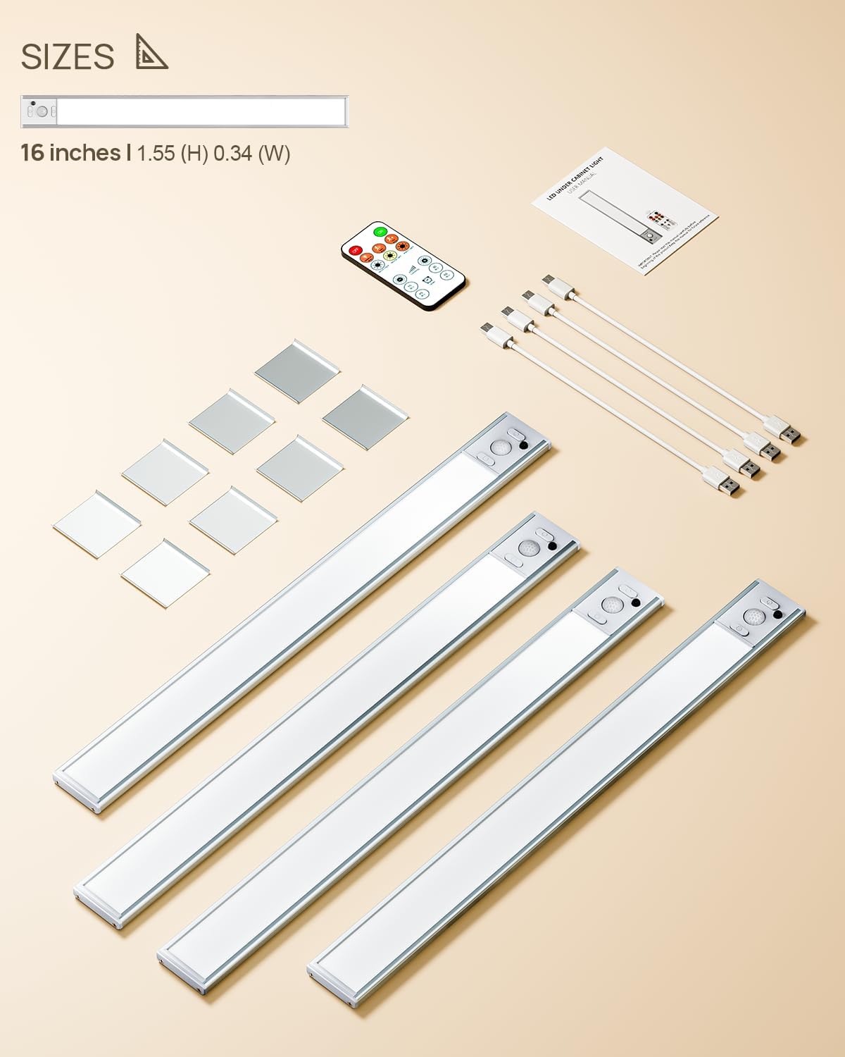 16inch Under Cabinet Lighting Wireless 4 Pack, 4000mAh Rechargeable Motion Sensor Light Indoor, LED Closet Lights with