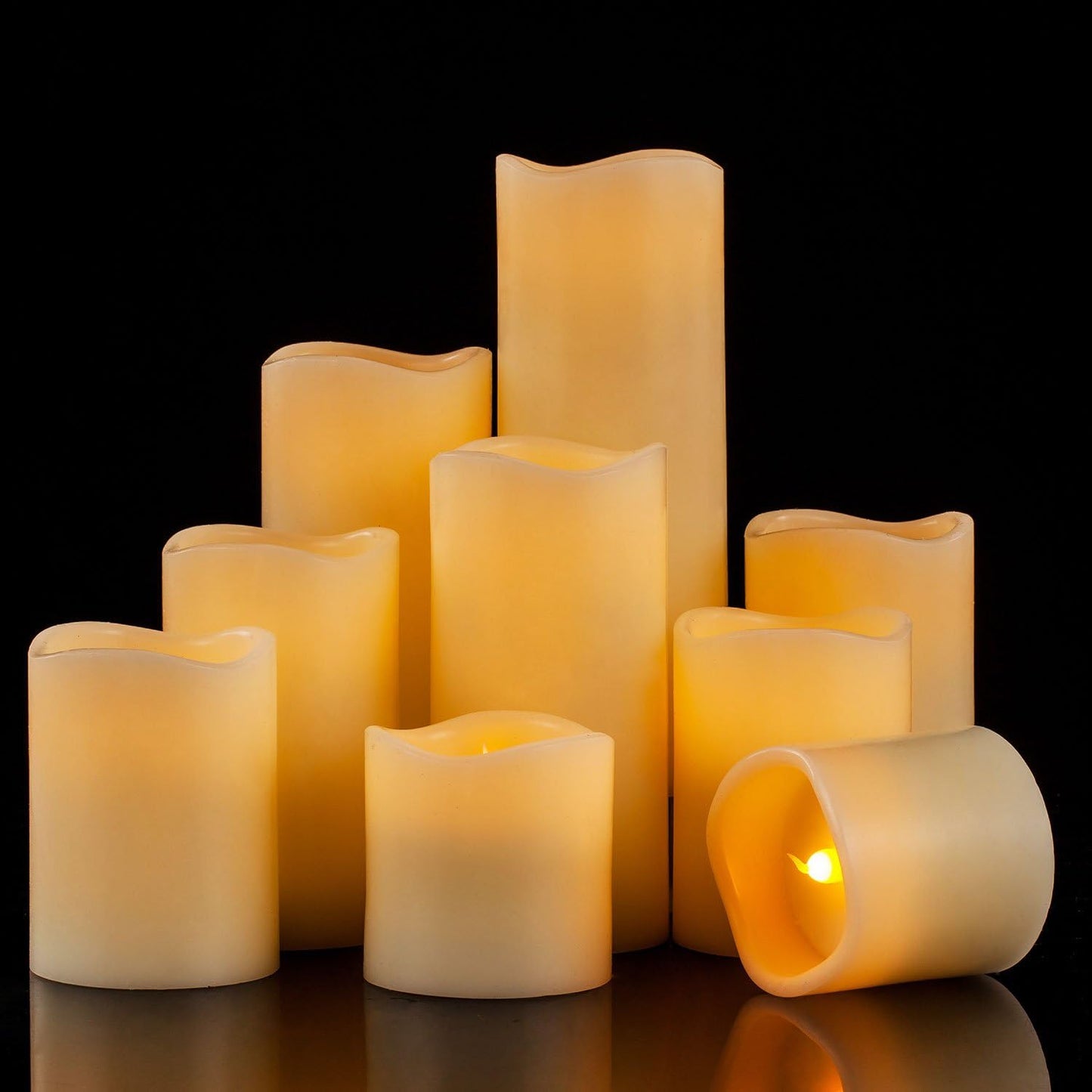RY King Large Flameless Candle Set of 9 (D 3" x H 3", 3", 4", 4", 5", 5", 6", 7", 8") Battery Operated LED Pillar Real