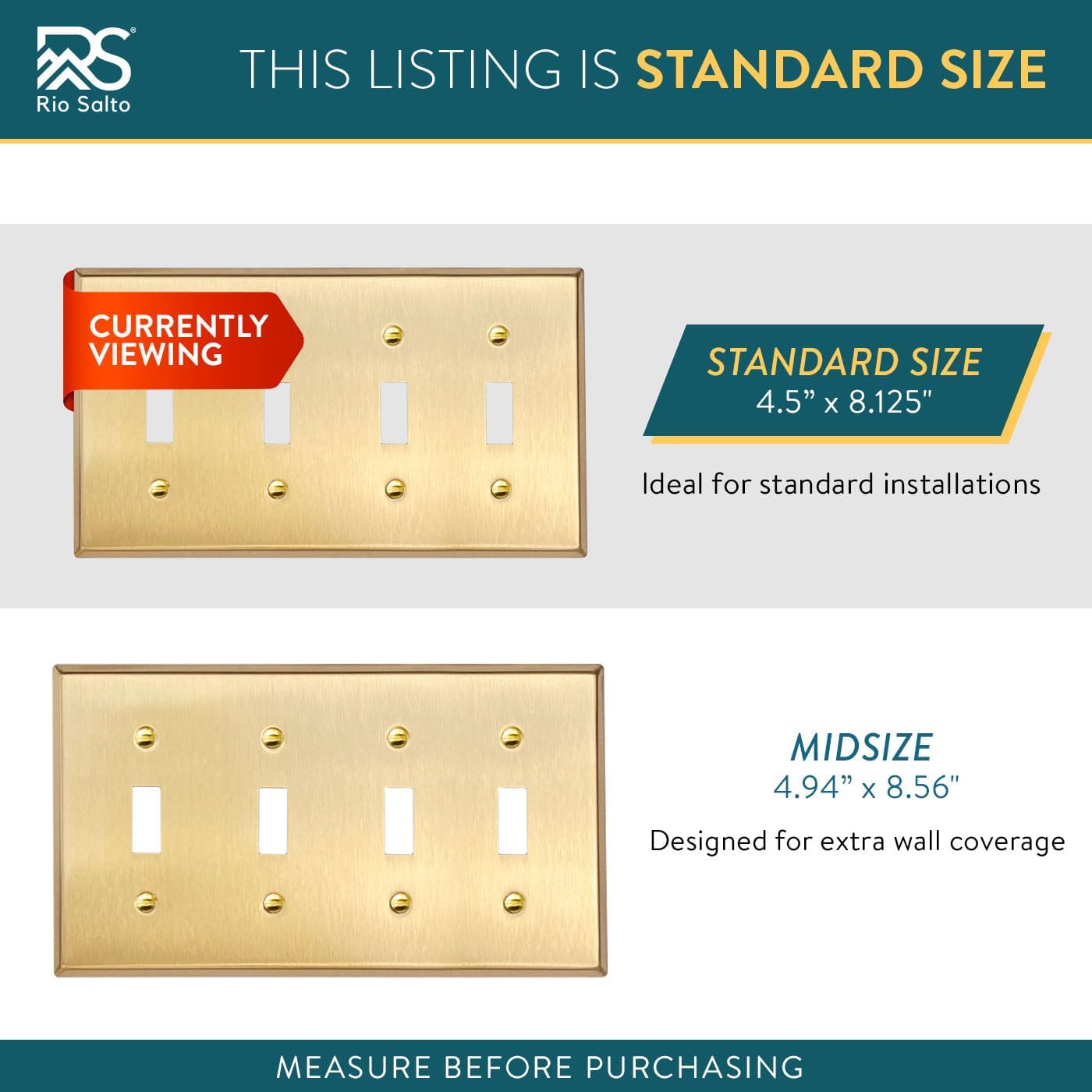 Rio Salto STANDARD SIZE Modern Metal Toggle Gold Light Switch Cover Wall Plate Corrosion Resistant Duplex Receptacle
