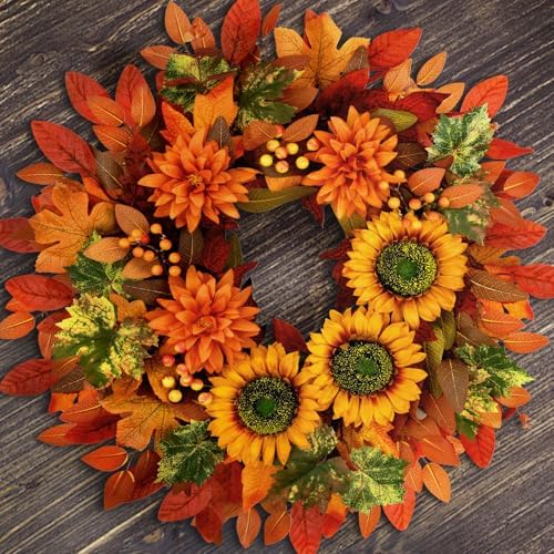 2 Pcs Fall Wreaths for Front Door,22 inch Autumn Sunflower Wreath