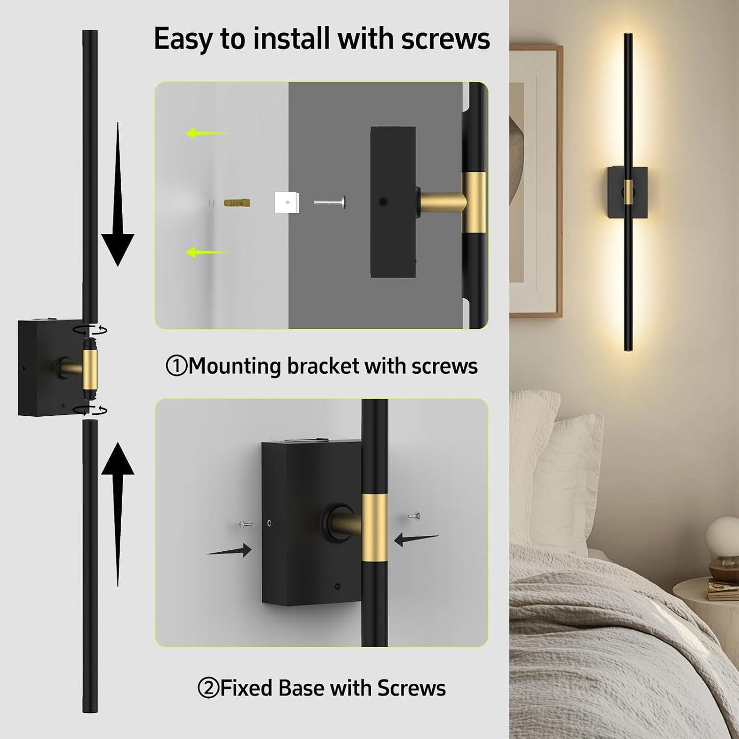 Battery Operated Wall Sconces Set of 2, 10000mAh, Black | Detachable rechargeable battery, 31.5" wireless lighting for