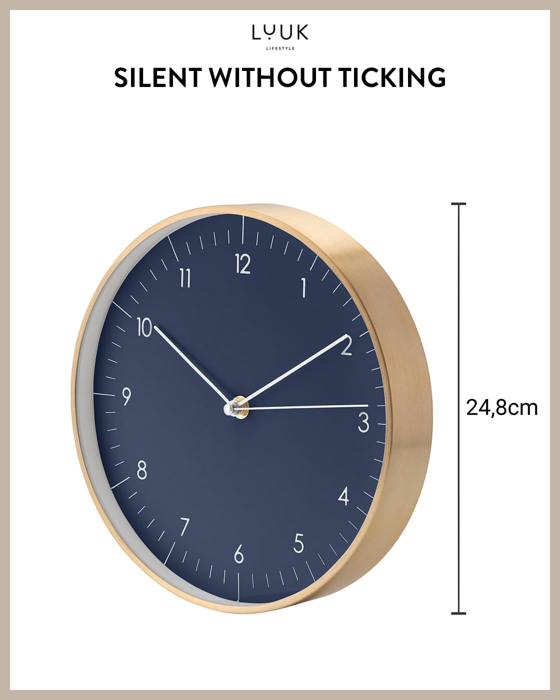 Modern Silent Quartz Wall Clock, 10in, Dark Blue & Gold | Royal color, Non-ticking, Analog, Easy-to-read display