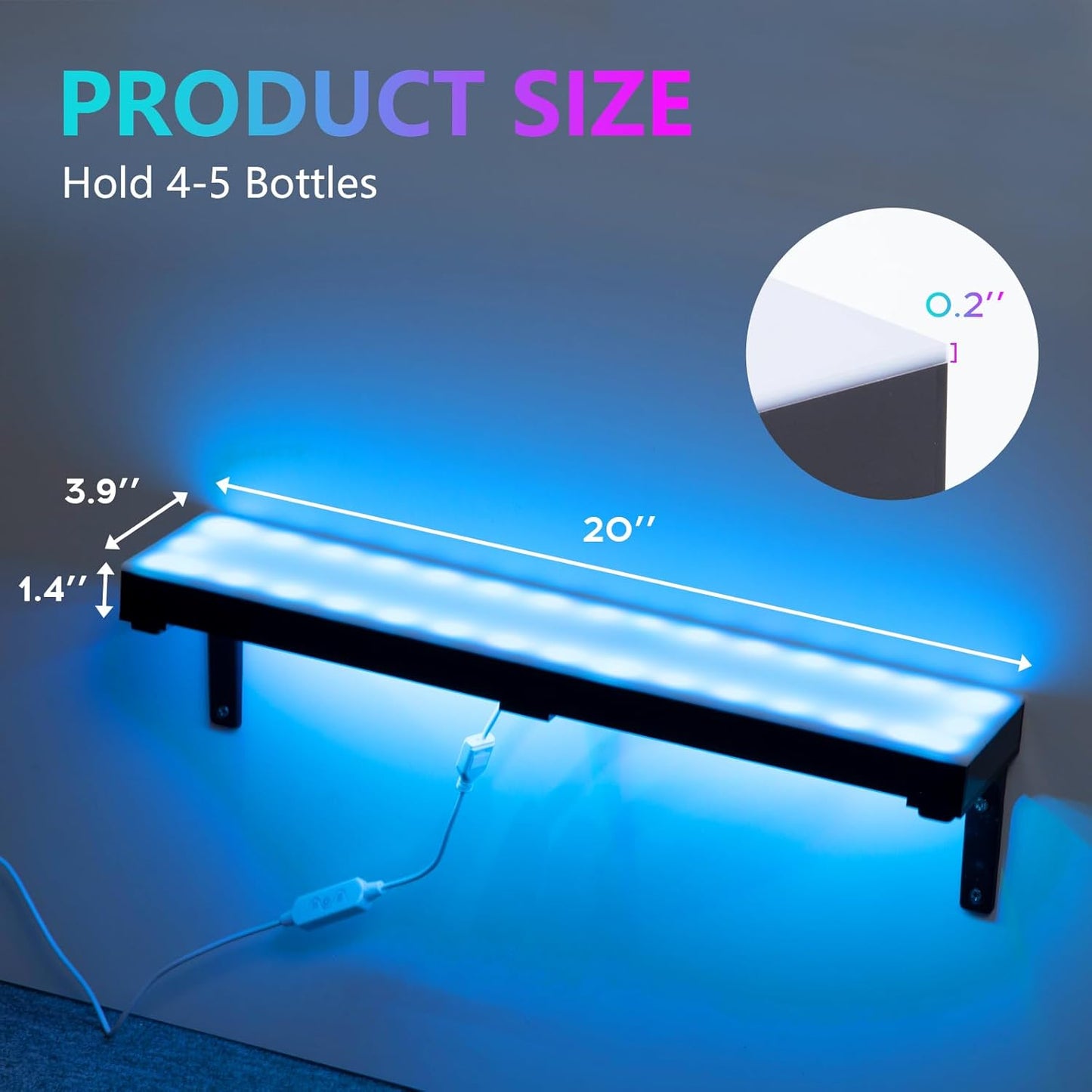 2 Pack Led Lighted Liquor Bottle Display Shelf, 20 Inch 1 Tier Wall Mounted Whiskey Rack, Bar Stand with RF Remote &