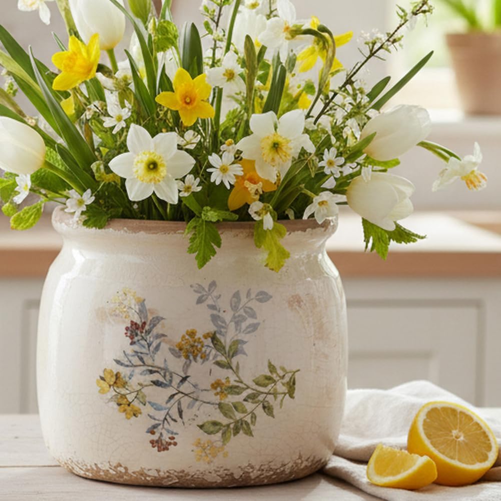 Cottage Rustic Clay Ceramic Tabletop Flower Pots / Yellow Sage