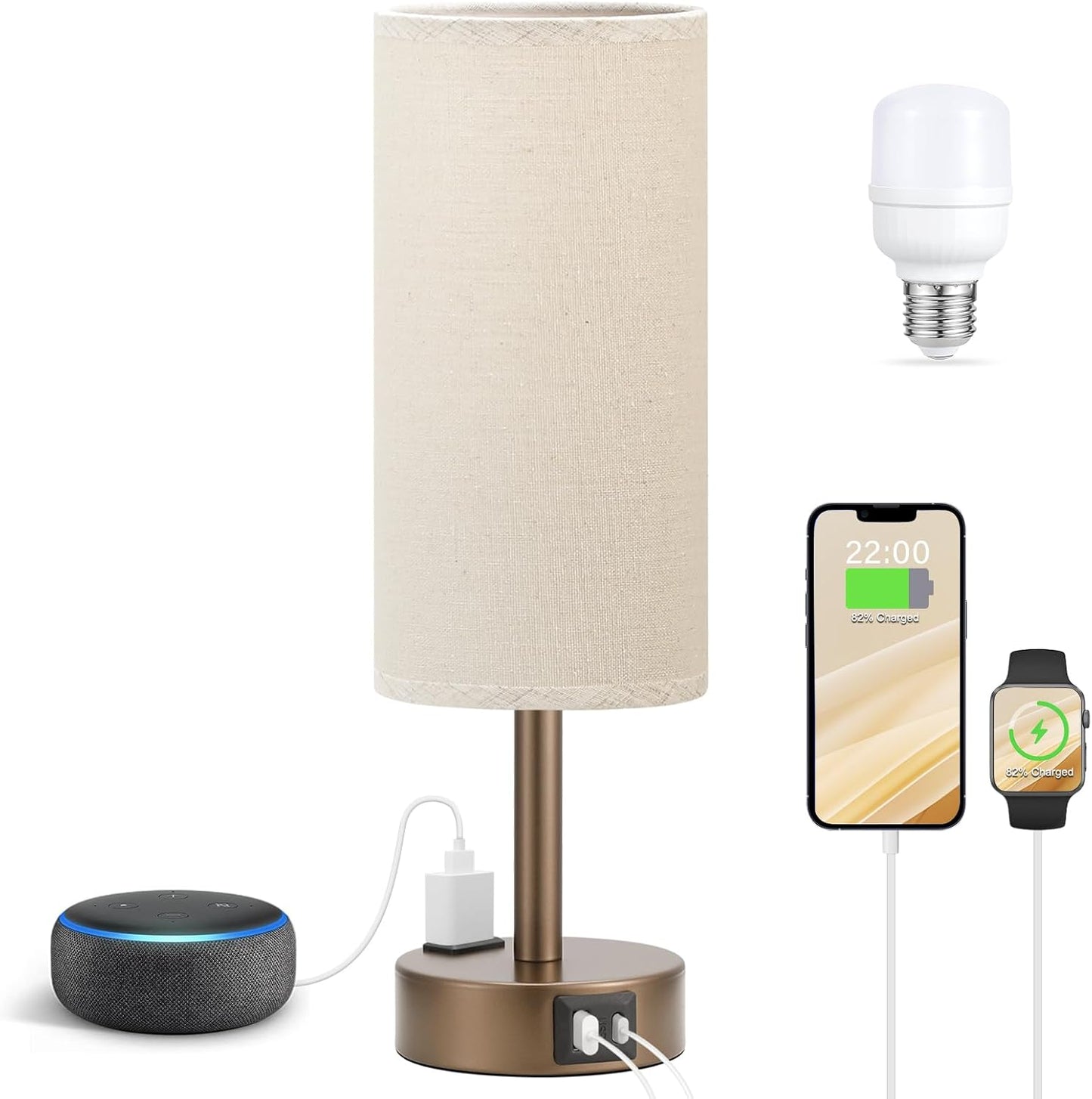 Fenmzee Brown Bedside Lamp for Bedroom, Dimmable Touch, USB A+C, AC Outlet