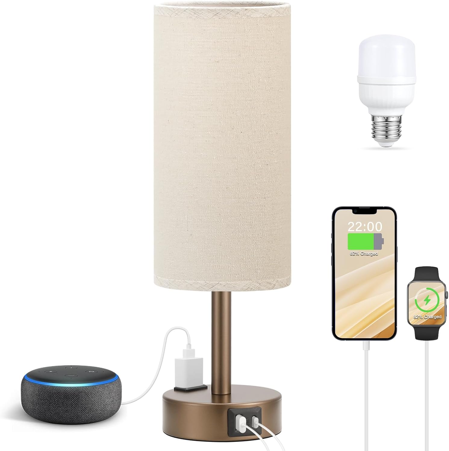 Fenmzee Brown Bedside Lamp for Bedroom, Dimmable Touch, USB A+C, AC Outlet