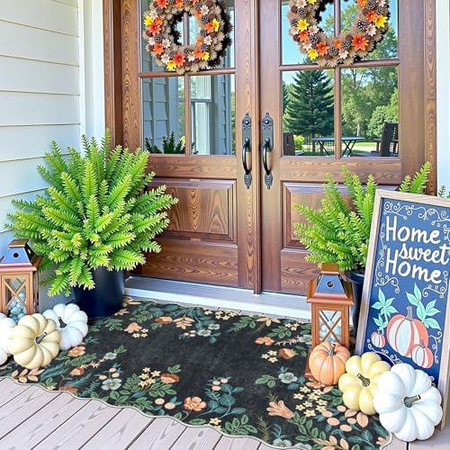 Front Door Mat Indoor Entrance - 2x4.3 Ft Dark Navy Floral Washable Layered Doormat Outdoor Entrance Porch Rug Non-Slip