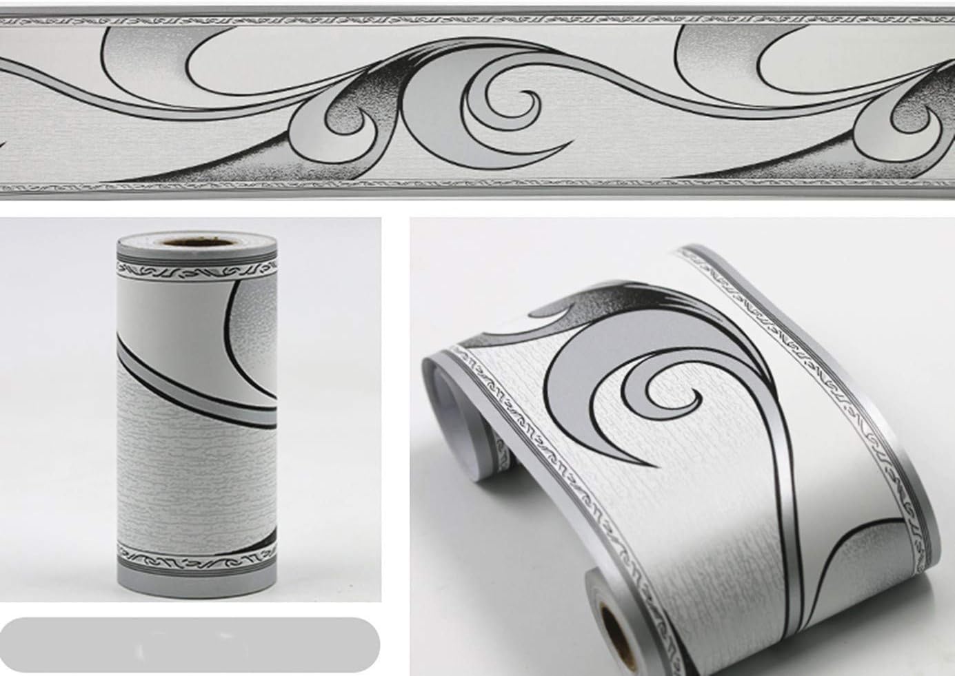 Grey Royal Wave Pattern Wall Border Peel and Stick Ceiling Border Wallpaper Vinyl Waterproof / White